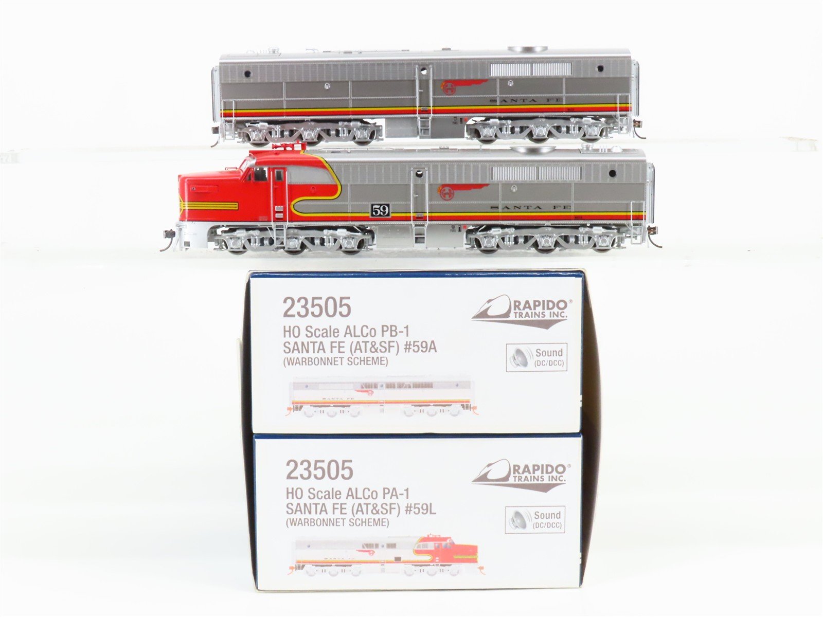 HO Scale Rapido 23505 ATSF Santa Fe Alco PA-1/PB-1 Diesel Loco Set wDCC & Sound