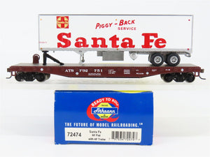HO Scale Athearn 72474 ATSF Santa Fe 50' Flat Car with 40' Trailer 751 RTR