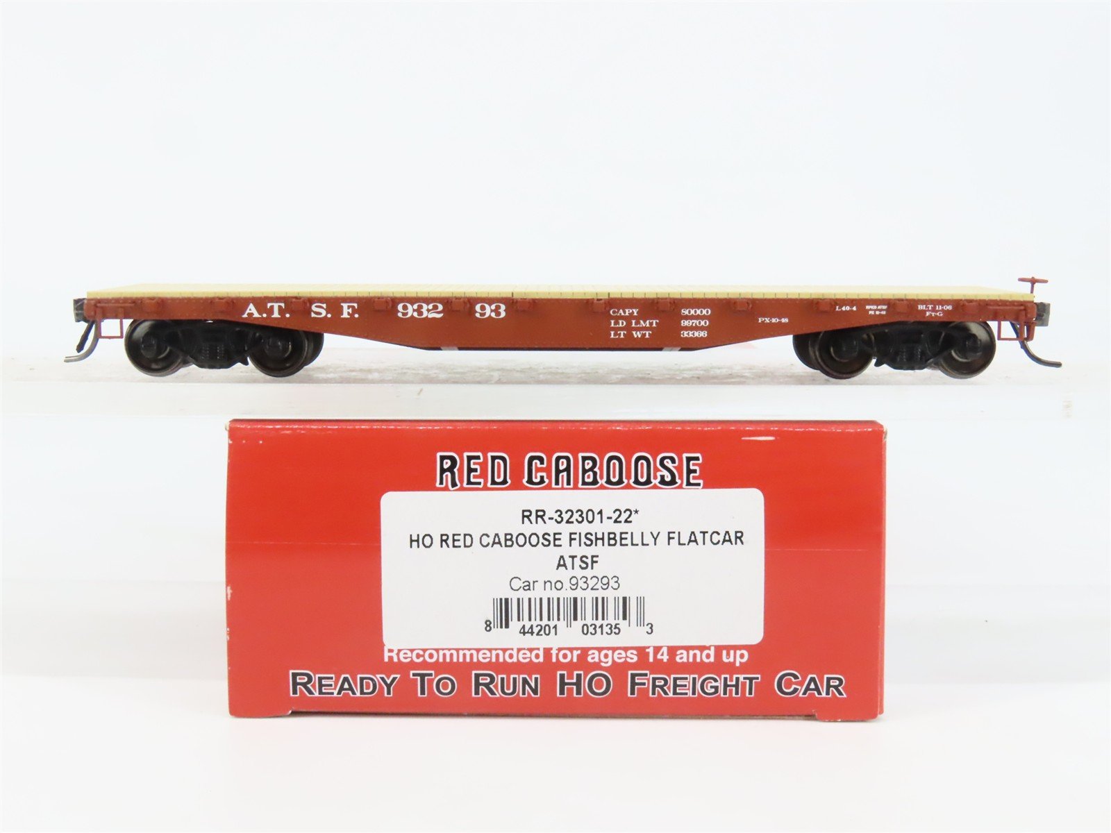 HO Scale Red Caboose RR-32301-22 ATSF Santa Fe 40' Fishbelly Flat Car 93293 RTR