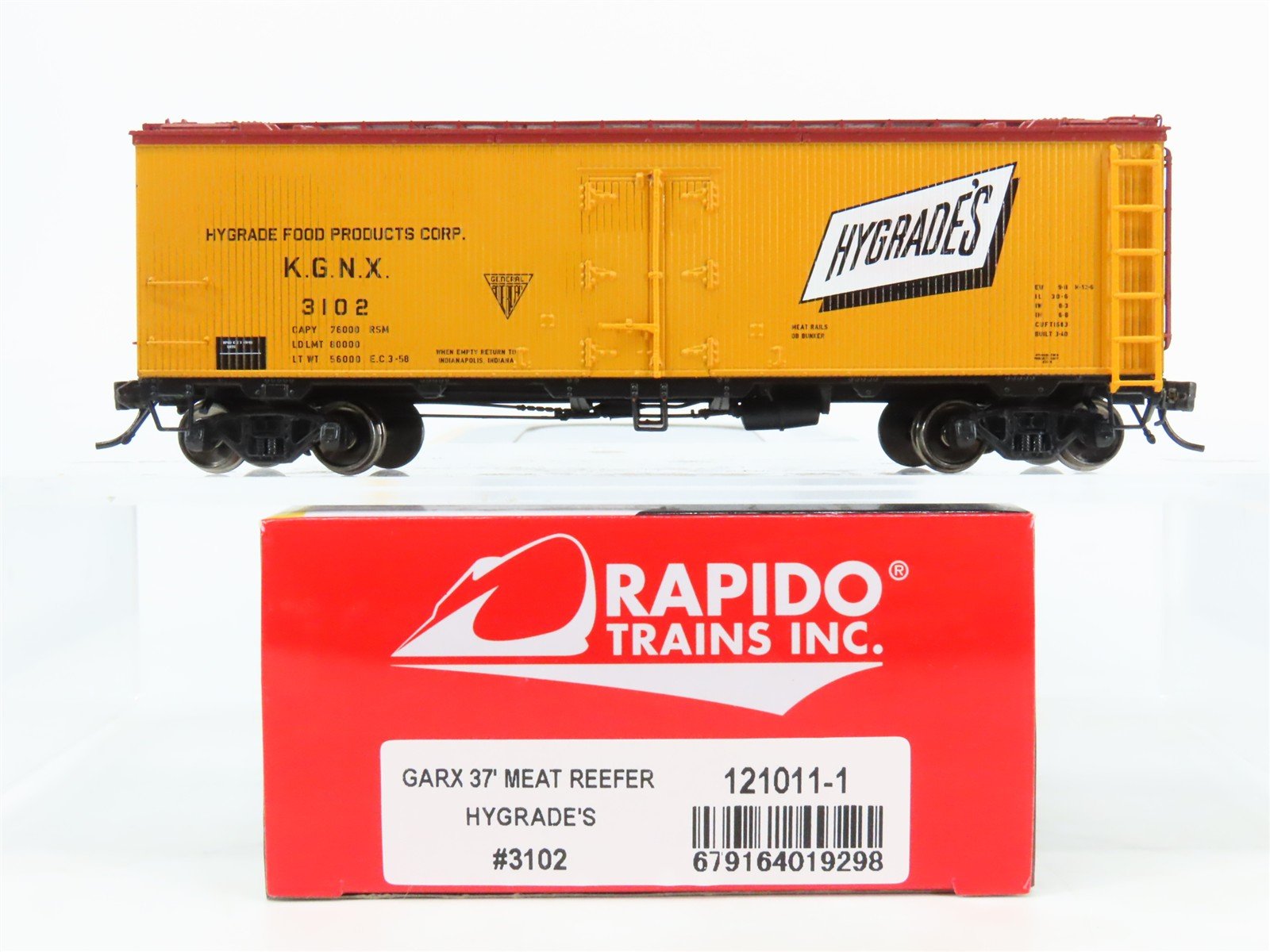 HO Scale Rapido 121011-1 KGNX Hygrade's GARX 37' Meat Reefer #3102