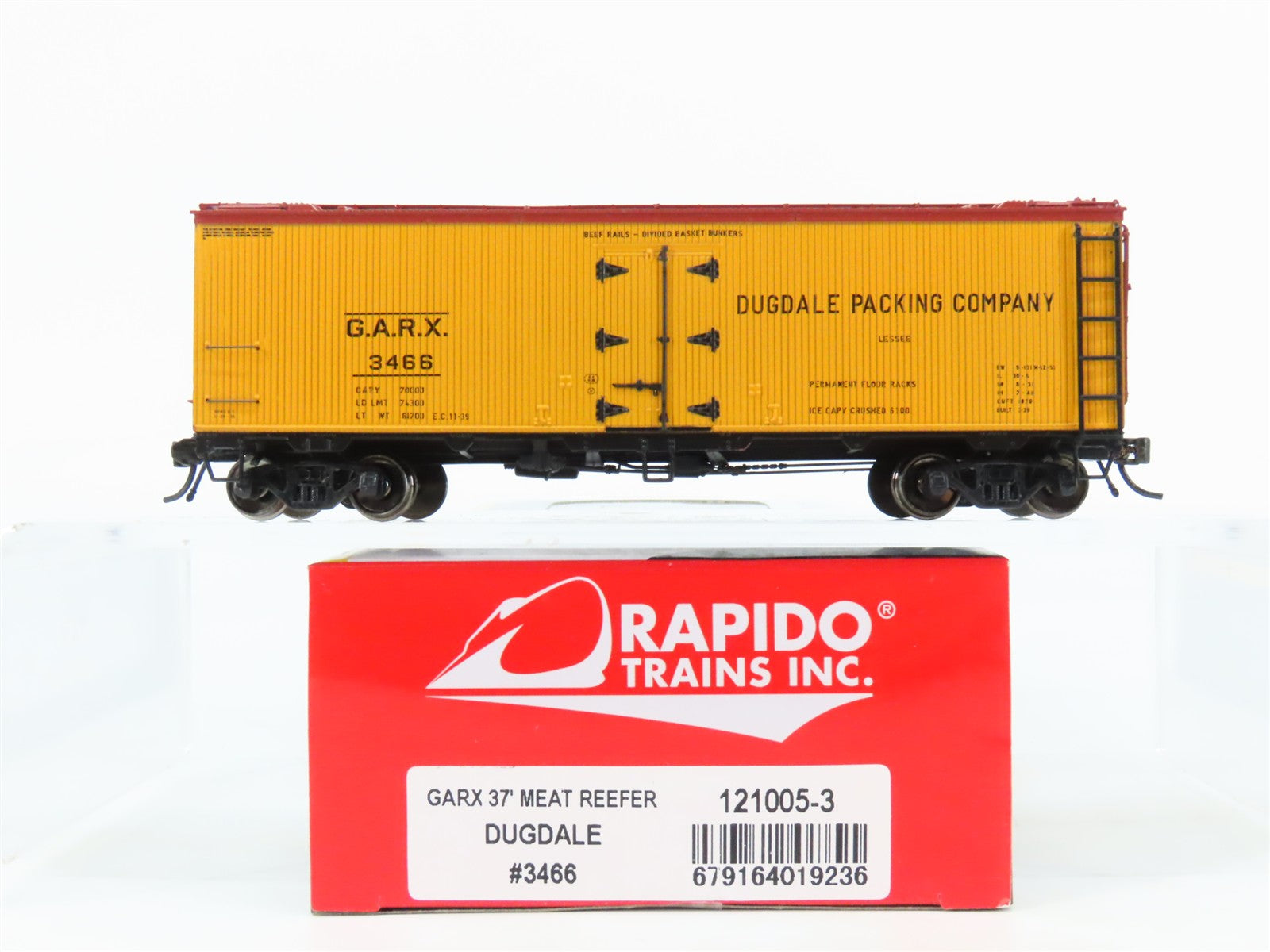 HO Scale Rapido 121005-3 GARX Dugdale Packing Co. 37' Meat Reefer #3466
