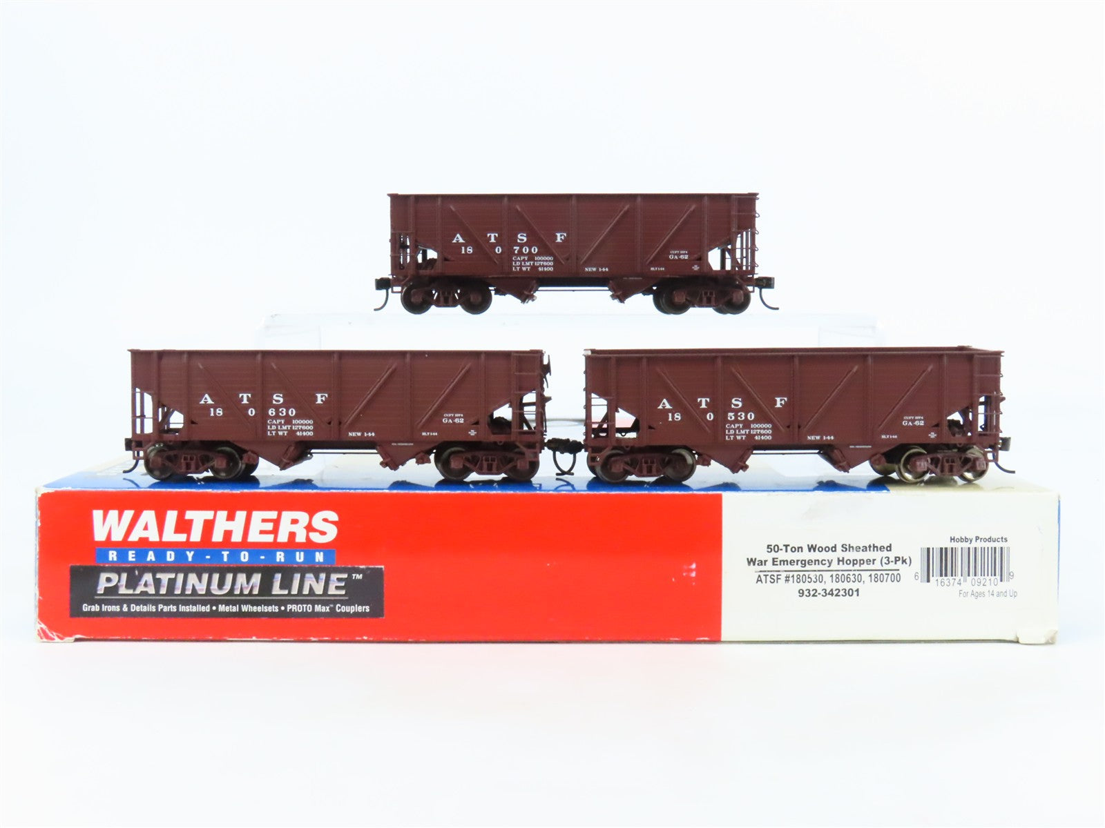 HO Scale Walthers Platinum Line 932-342301 ATSF Santa Fe 2-Bay Open Hopper 3-Pk.