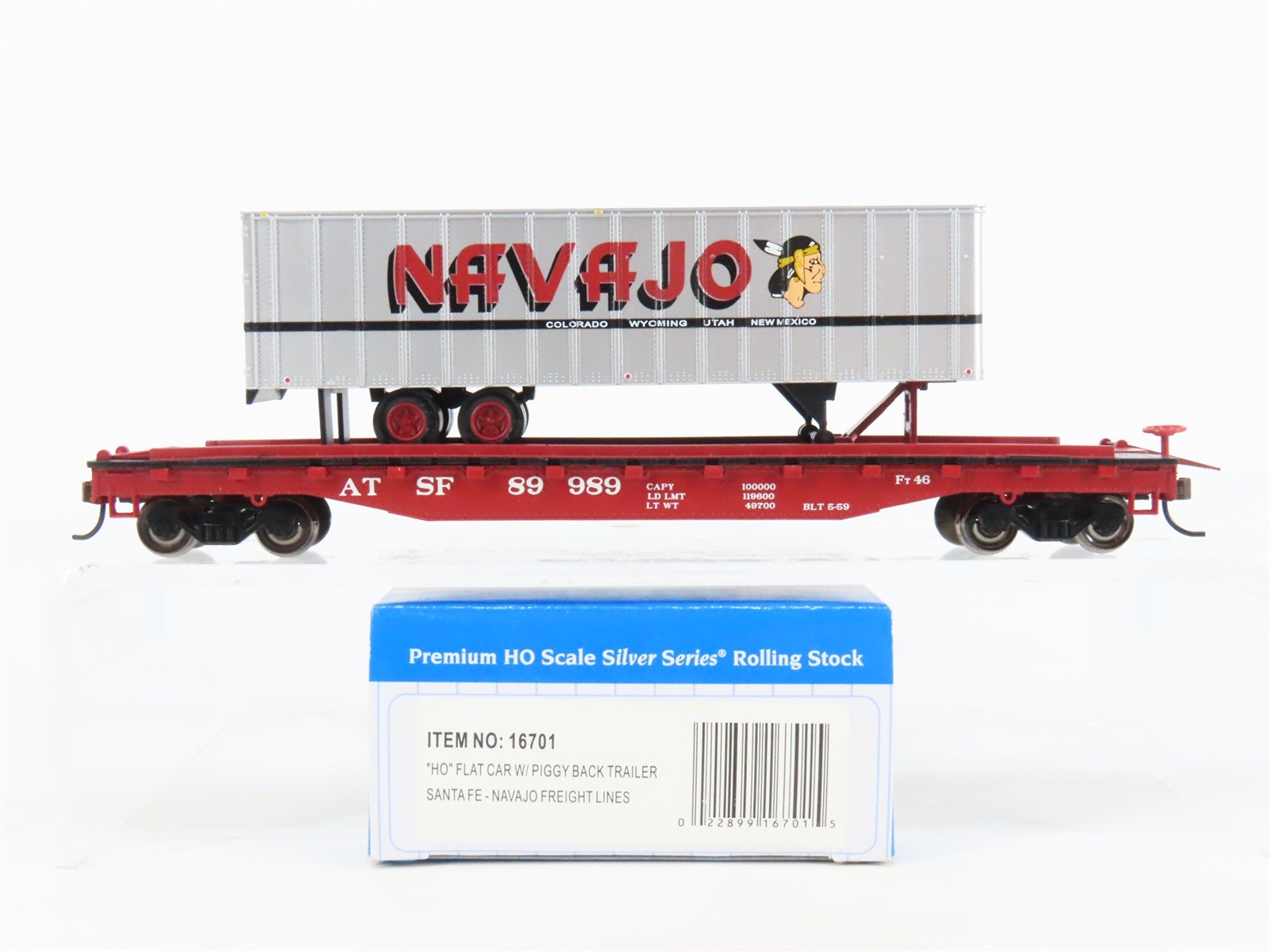 HO Scale Bachmann Silver Series 16701 ATSF Santa Fe Flat Car #89989 w/ Trailer