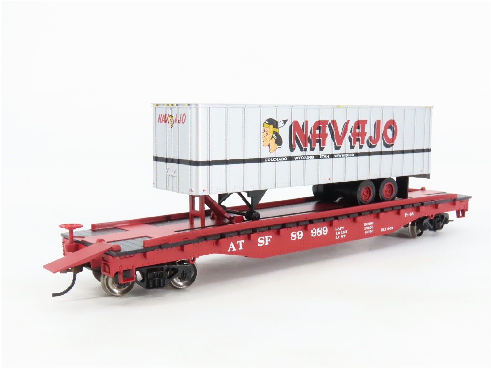 HO Scale Bachmann Silver Series 16701 ATSF Santa Fe Flat Car #89989 w/ Trailer