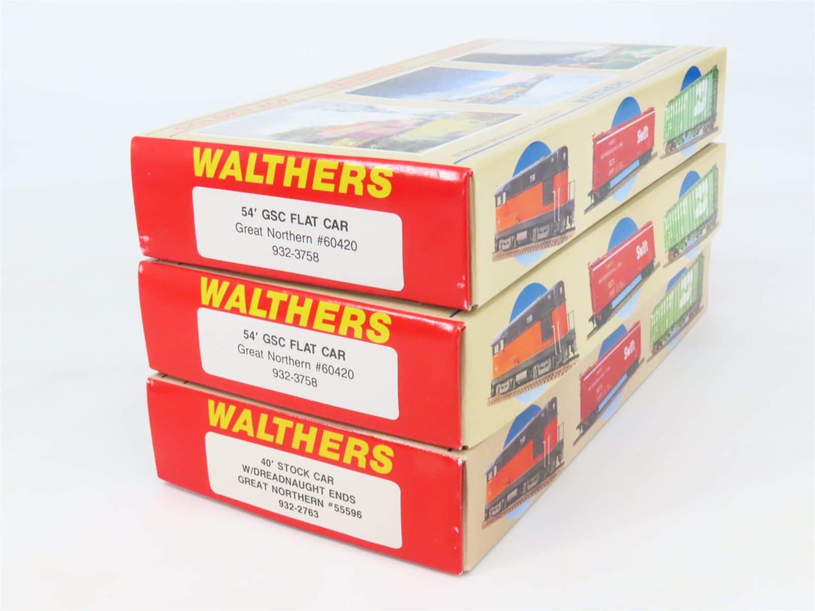 LOT of 3 HO Scale Walthers GN Great Northern 54' Flatcar & 40' Stock Car Kits