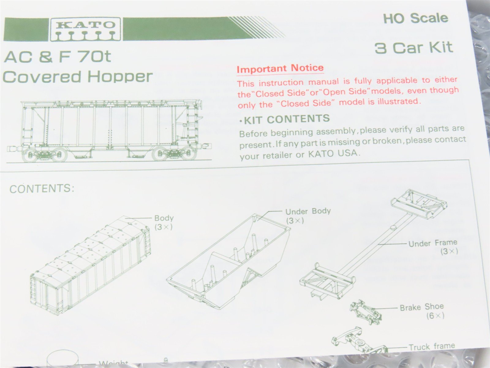 HO Scale Kato 38-0203 GN Great Northern AC&F 70t Covered Hopper 3-Car Kit