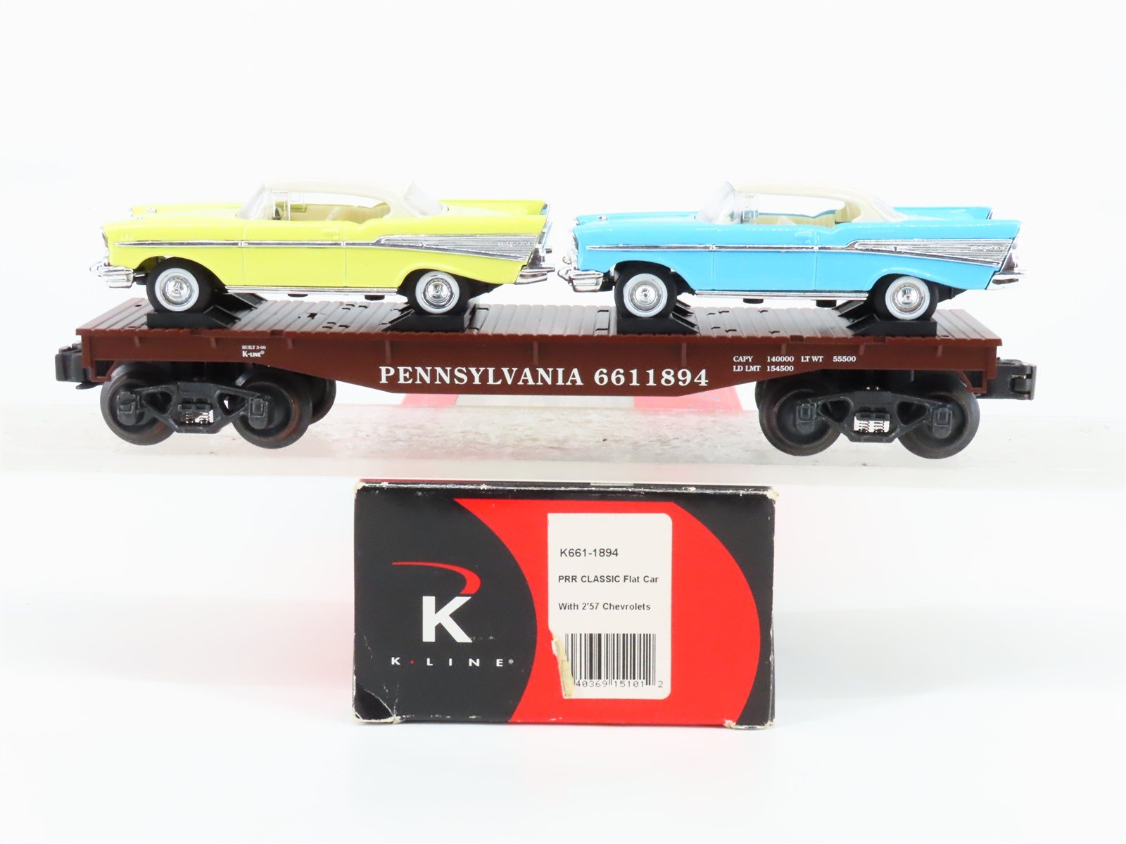 O 3-Rail K-Line K661-1894 PRR Pennsylvania Flatcar #6611894 w2 57' Chevy Cars