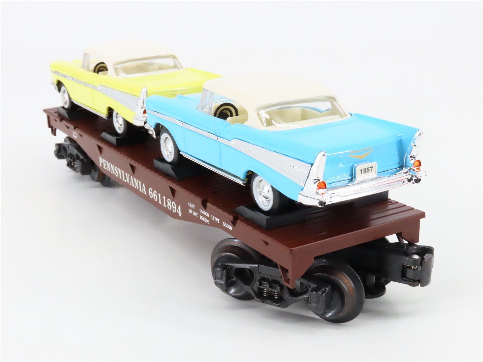 O 3-Rail K-Line K661-1894 PRR Pennsylvania Flatcar #6611894 w2 57' Chevy Cars