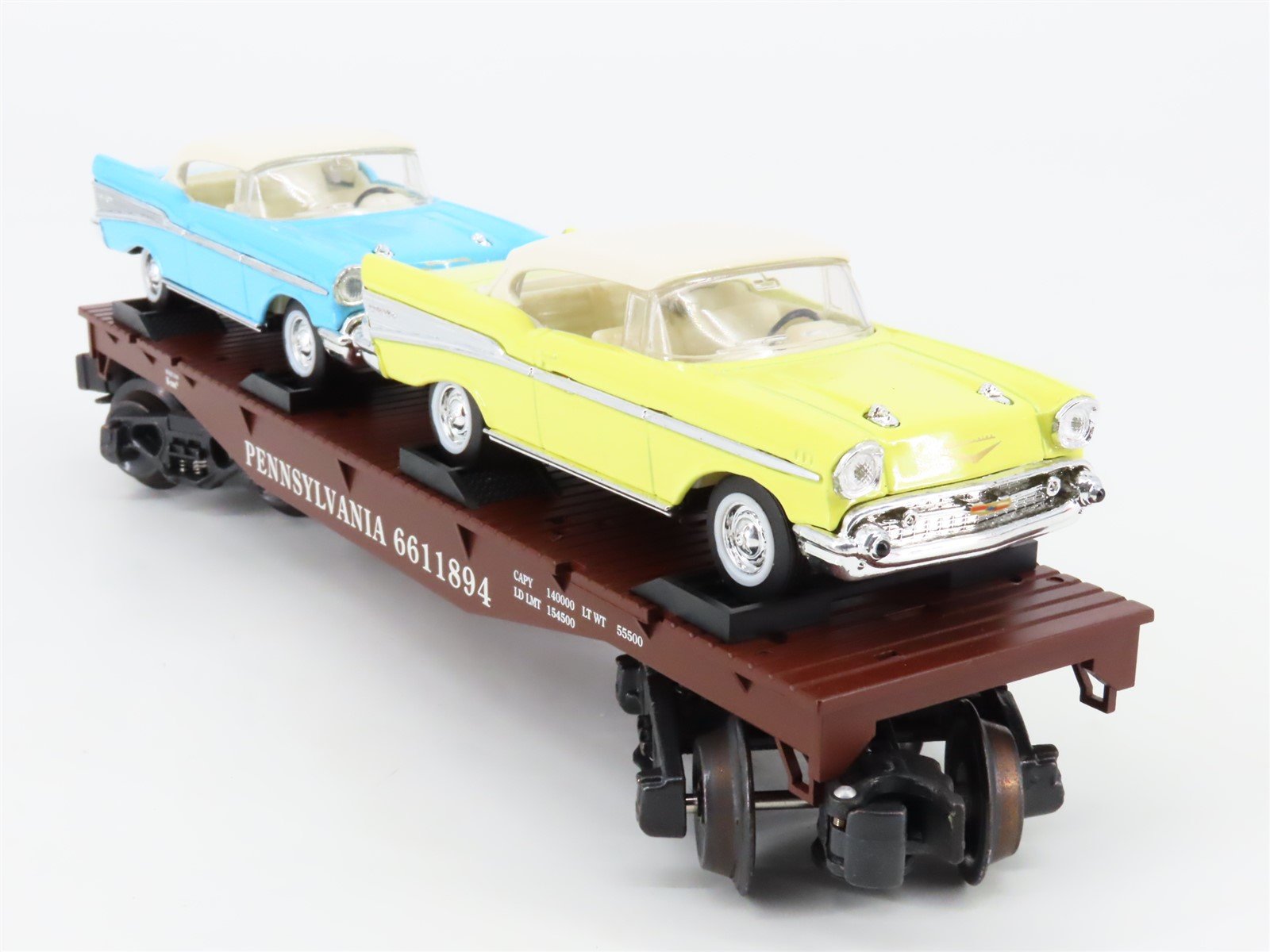 O 3-Rail K-Line K661-1894 PRR Pennsylvania Flatcar #6611894 w2 57' Chevy Cars