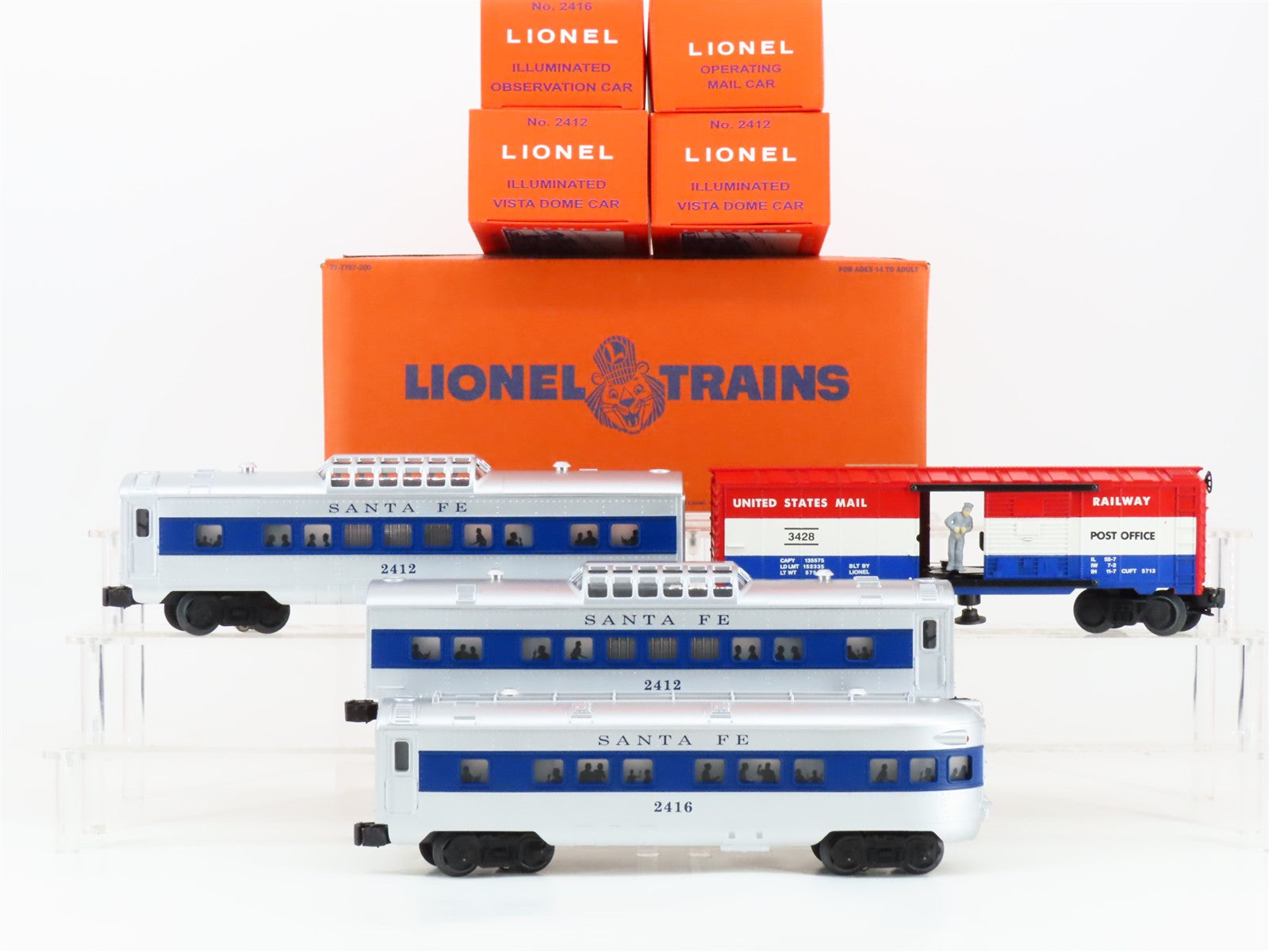 O27 Gauge 3-Rail Lionel 6-27767 ATSF Santa Fe Passenger & Mail Car 4-Pack