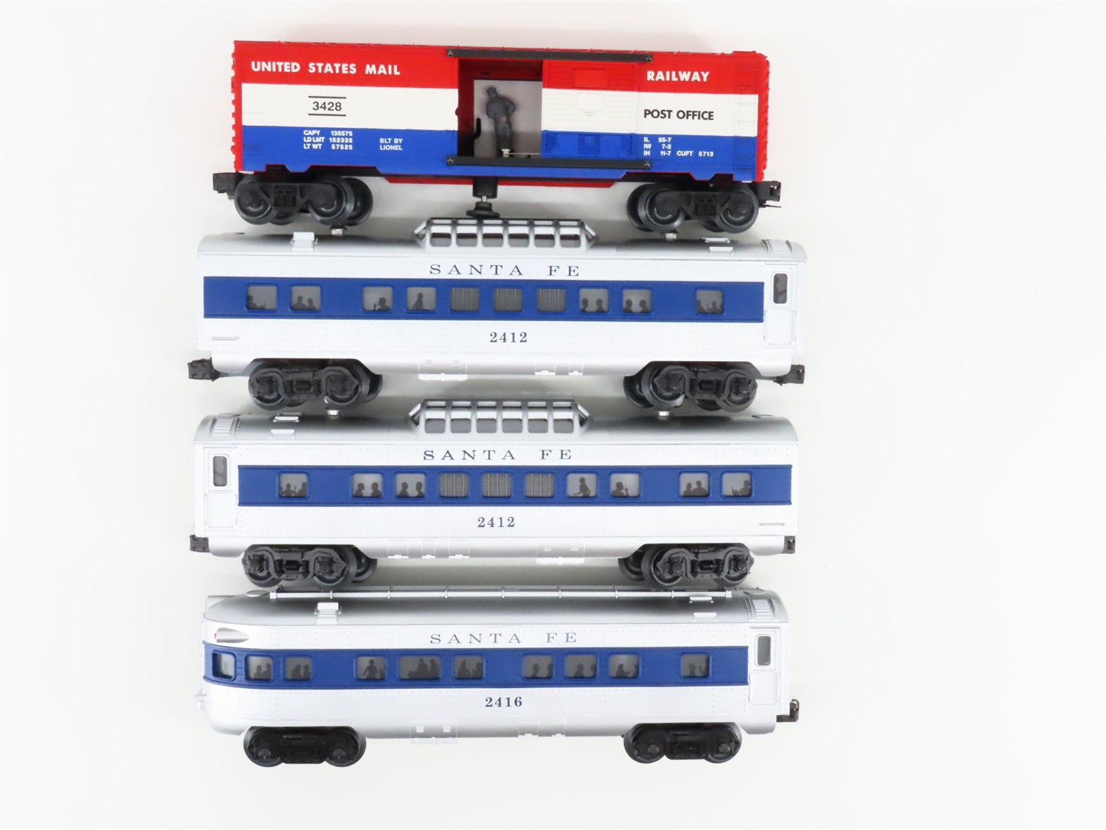 O27 Gauge 3-Rail Lionel 6-27767 ATSF Santa Fe Passenger & Mail Car 4-Pack