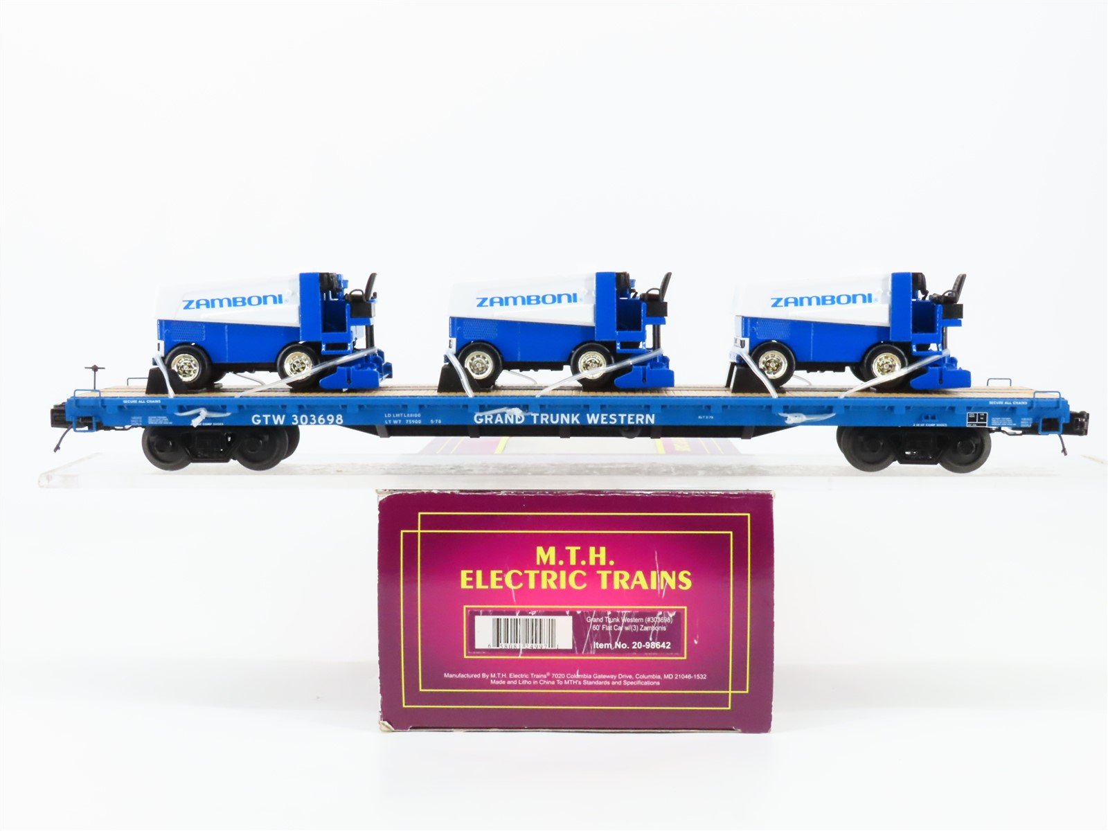 O Gauge 3-Rail MTH 20-98642 GTW Grand Trunk Western Flat Car #303698 w/ Zambonis