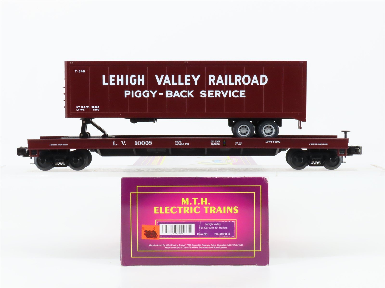 O Gauge 3-Rail MTH 20-90030C LV Lehigh Valley Flat Car #10038 w/ 40' Trailer