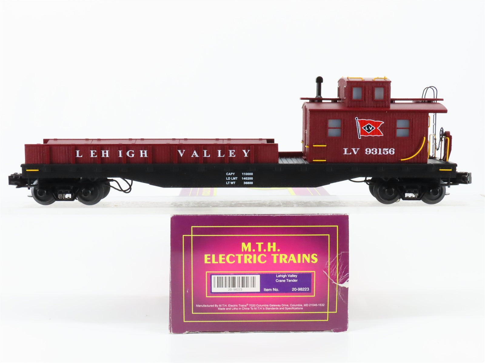 O Gauge 3-Rail MTH 20-98223 LV Lehigh Valley Crane Tender #93156 - Lighted