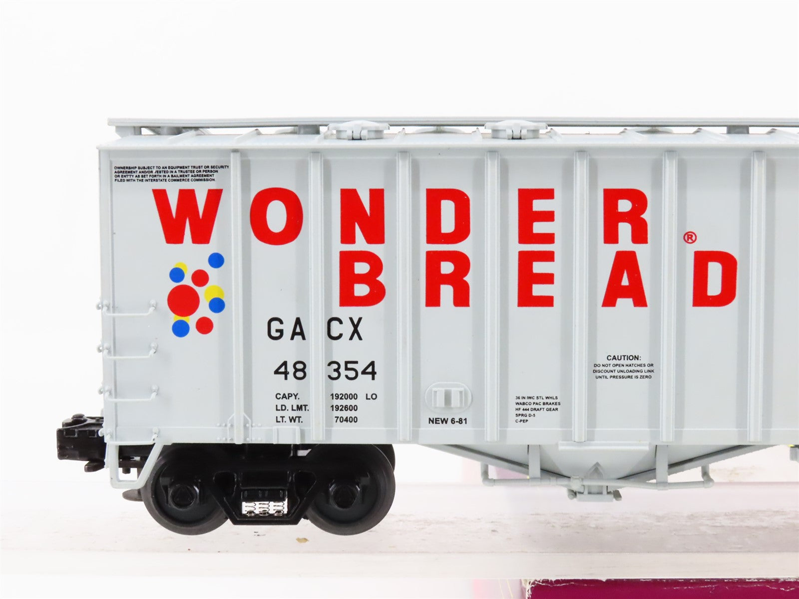 O Gauge 3-Rail MTH 20-97426 GACX Wonder Bread 50' Airslide 2-Bay Hopper #48354