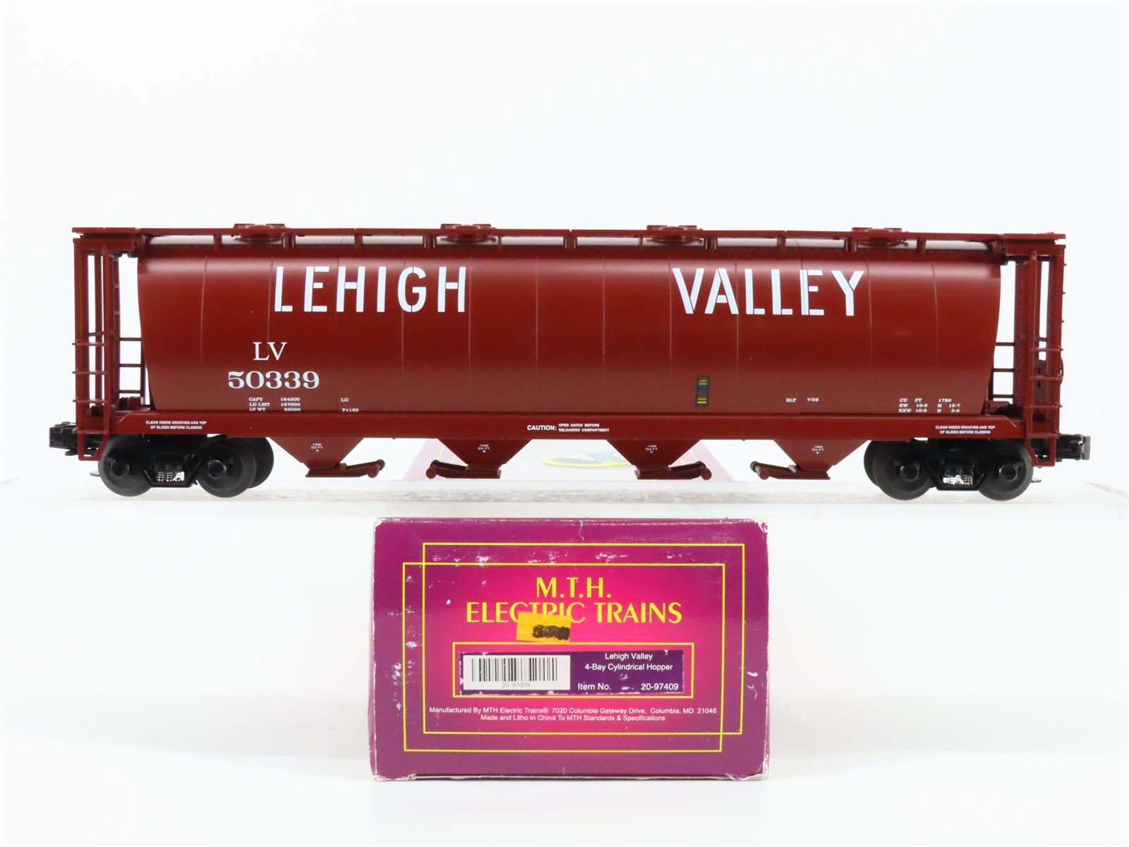 O Gauge 3-Rail MTH 20-97409 LV Lehigh Valley 4-Bay Cylindrical Hopper #50339