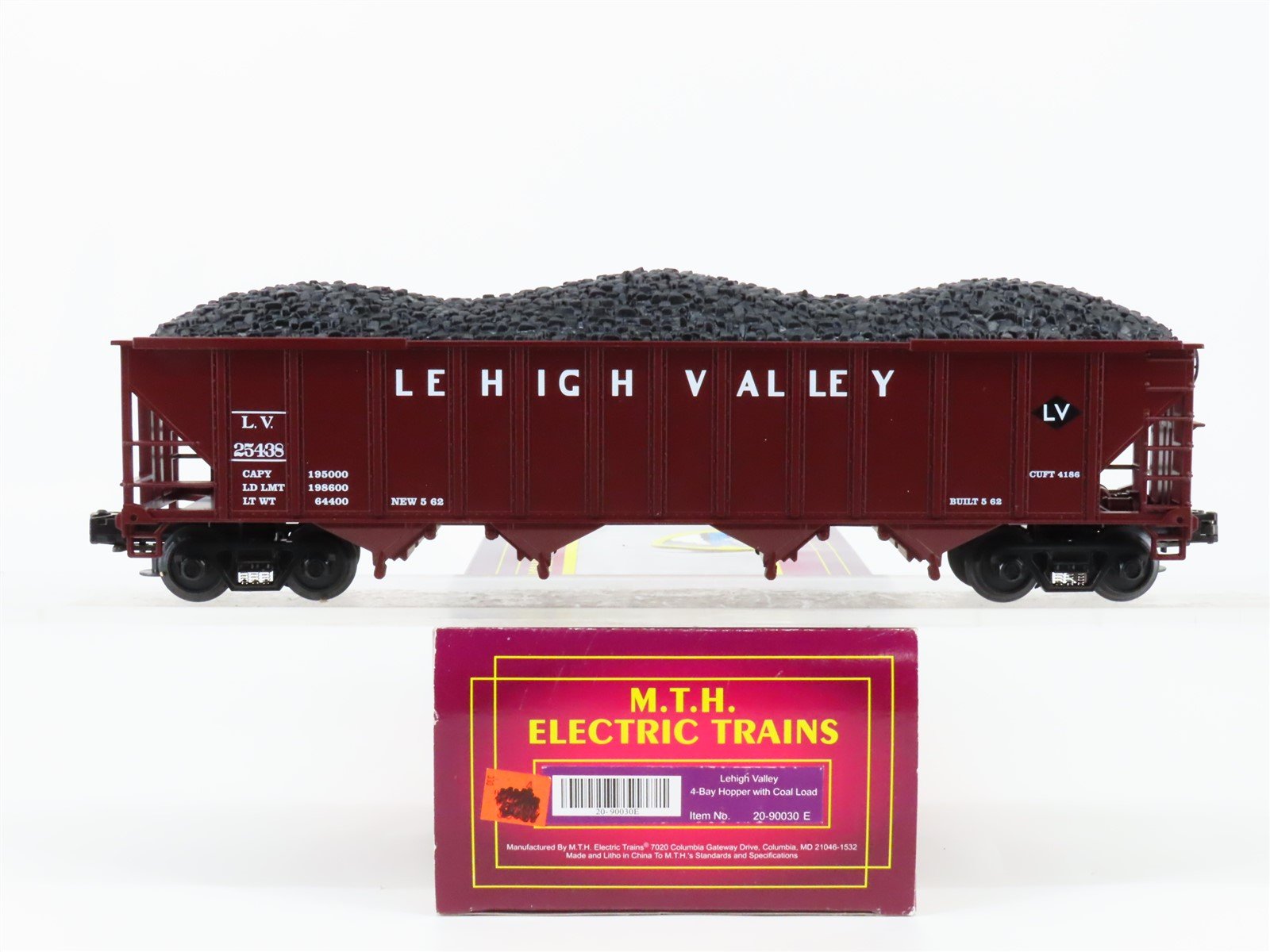 O Gauge 3-Rail MTH 20-90030E LV Lehigh Valley 4-Bay Hopper #25438 w/ Coal Load
