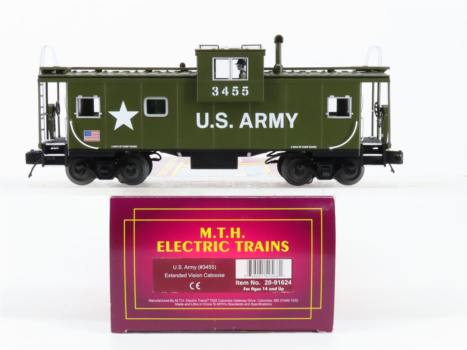 O Gauge 3-Rail MTH 20-91624 US Army Extended Vision Caboose #3455 - Lighted