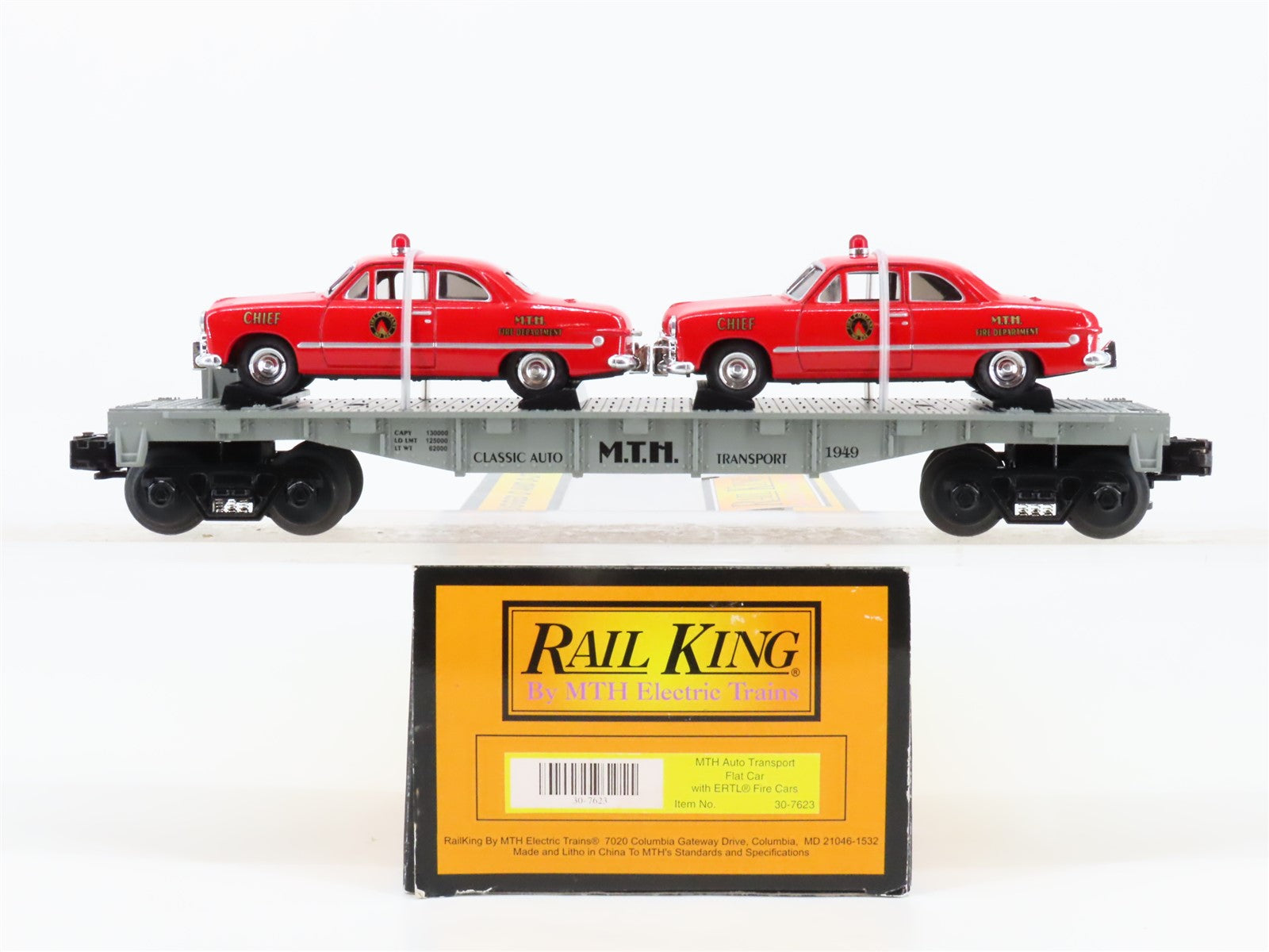 O Gauge 3-Rail MTH Rail King 30-7623 Auto Transport Flat Car #1949 w/ Fire Cars