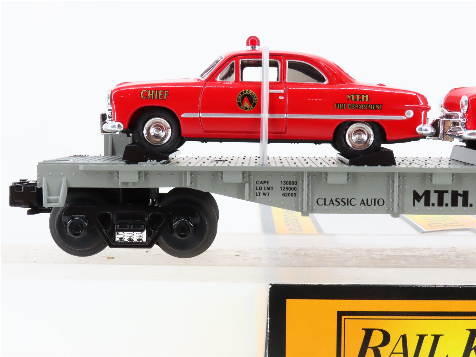 O Gauge 3-Rail MTH Rail King 30-7623 Auto Transport Flat Car #1949 w/ Fire Cars