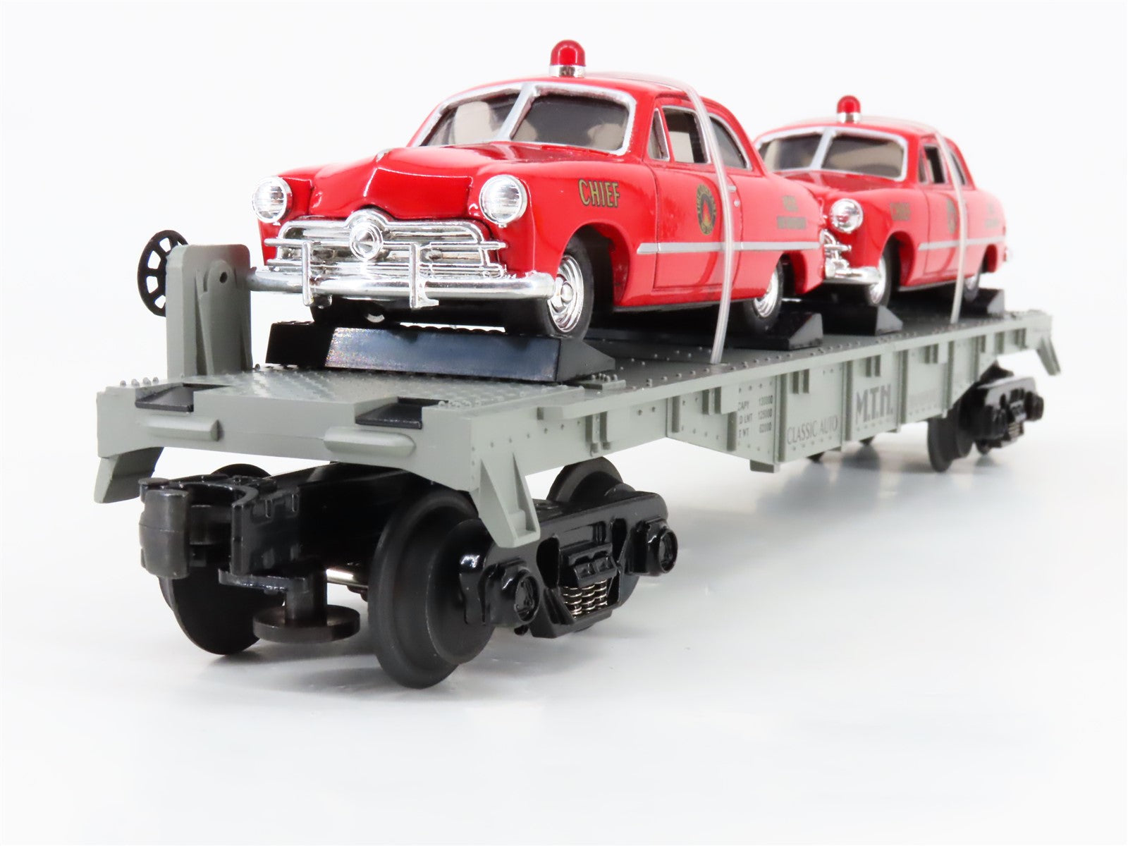 O Gauge 3-Rail MTH Rail King 30-7623 Auto Transport Flat Car #1949 w/ Fire Cars