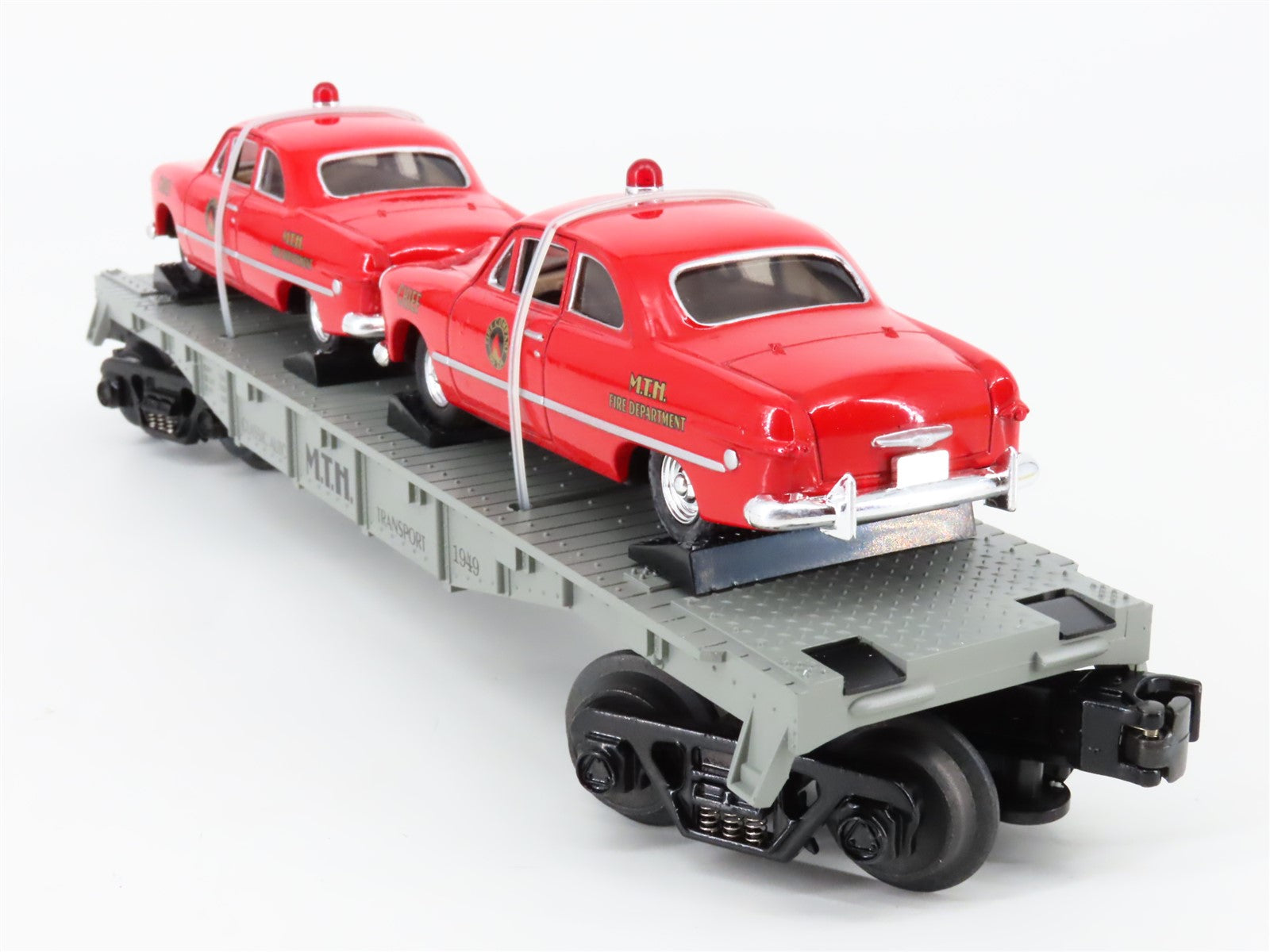 O Gauge 3-Rail MTH Rail King 30-7623 Auto Transport Flat Car #1949 w/ Fire Cars