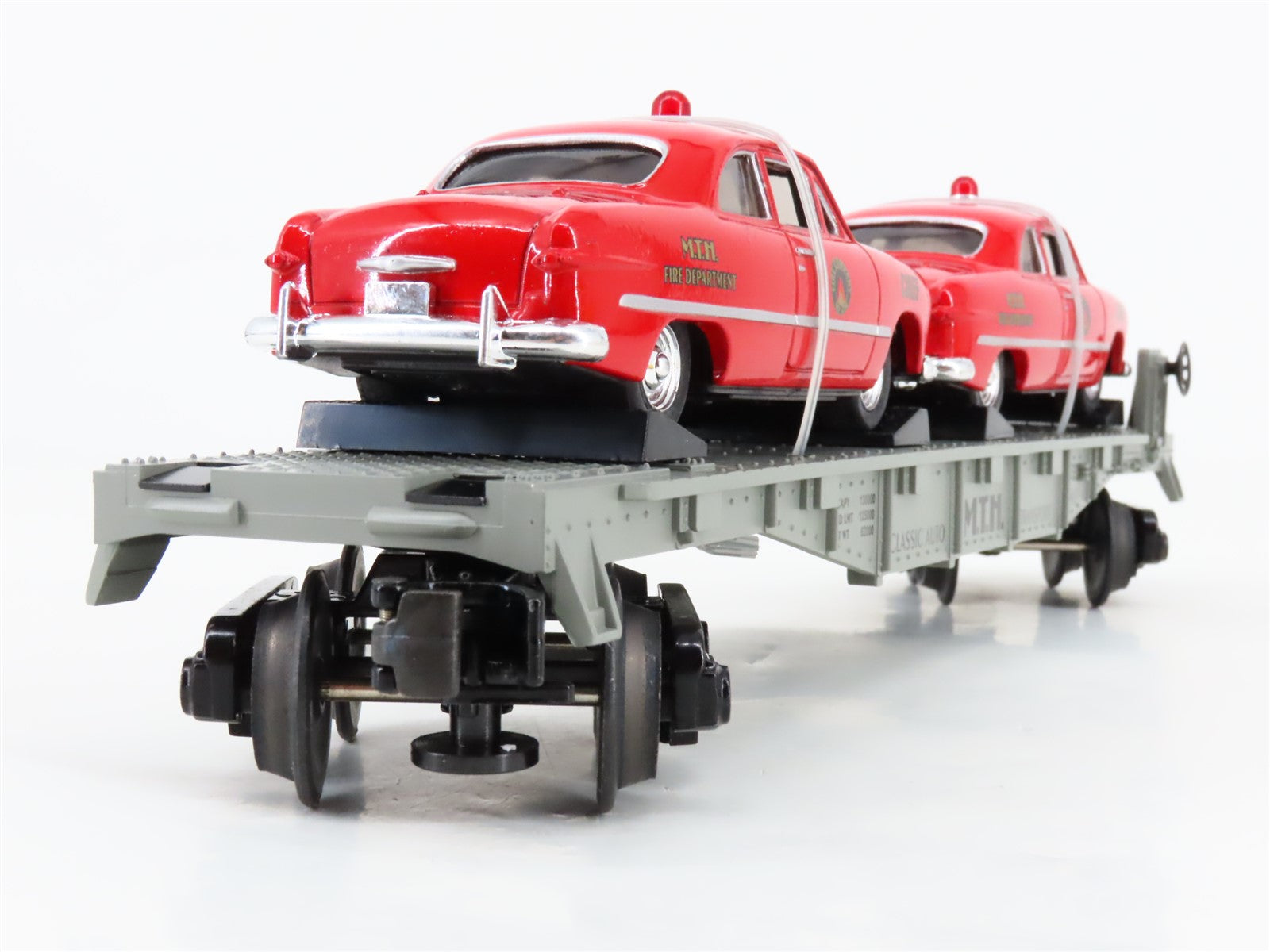 O Gauge 3-Rail MTH Rail King 30-7623 Auto Transport Flat Car #1949 w/ Fire Cars