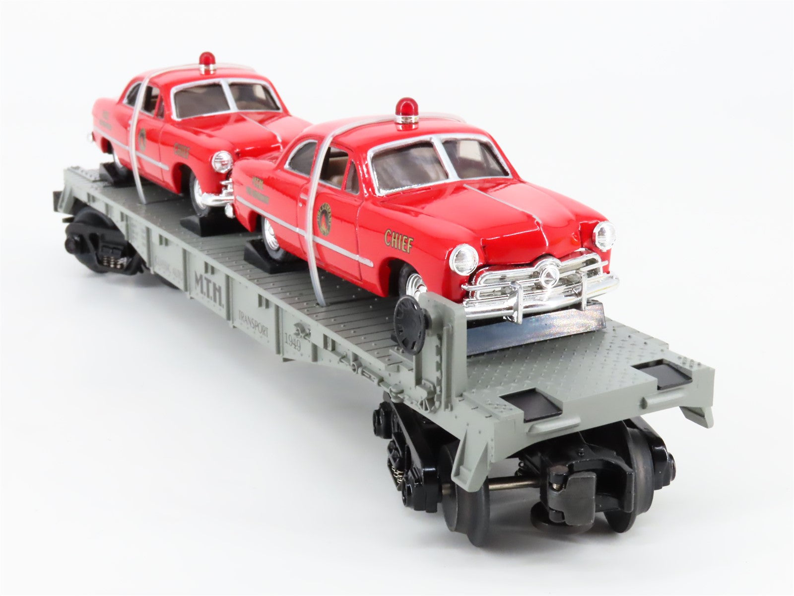O Gauge 3-Rail MTH Rail King 30-7623 Auto Transport Flat Car #1949 w/ Fire Cars