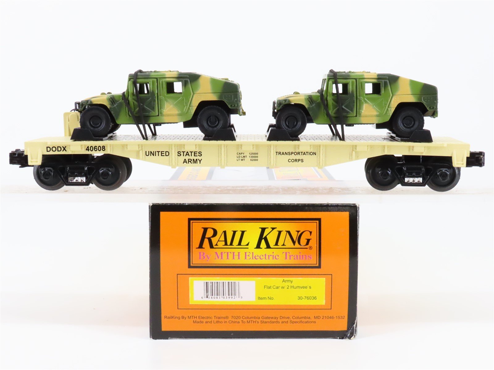 O Gauge 3-Rail MTH Rail King 30-76036 DODX US Army Flat Car #40608 w/ 2 Humvees