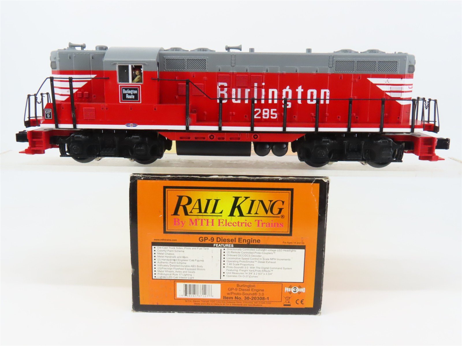 O27 Gauge 3-Rail MTH RailKing 30-20308-1 CB&Q EMD GP9 Diesel #285 - ProtoSound3