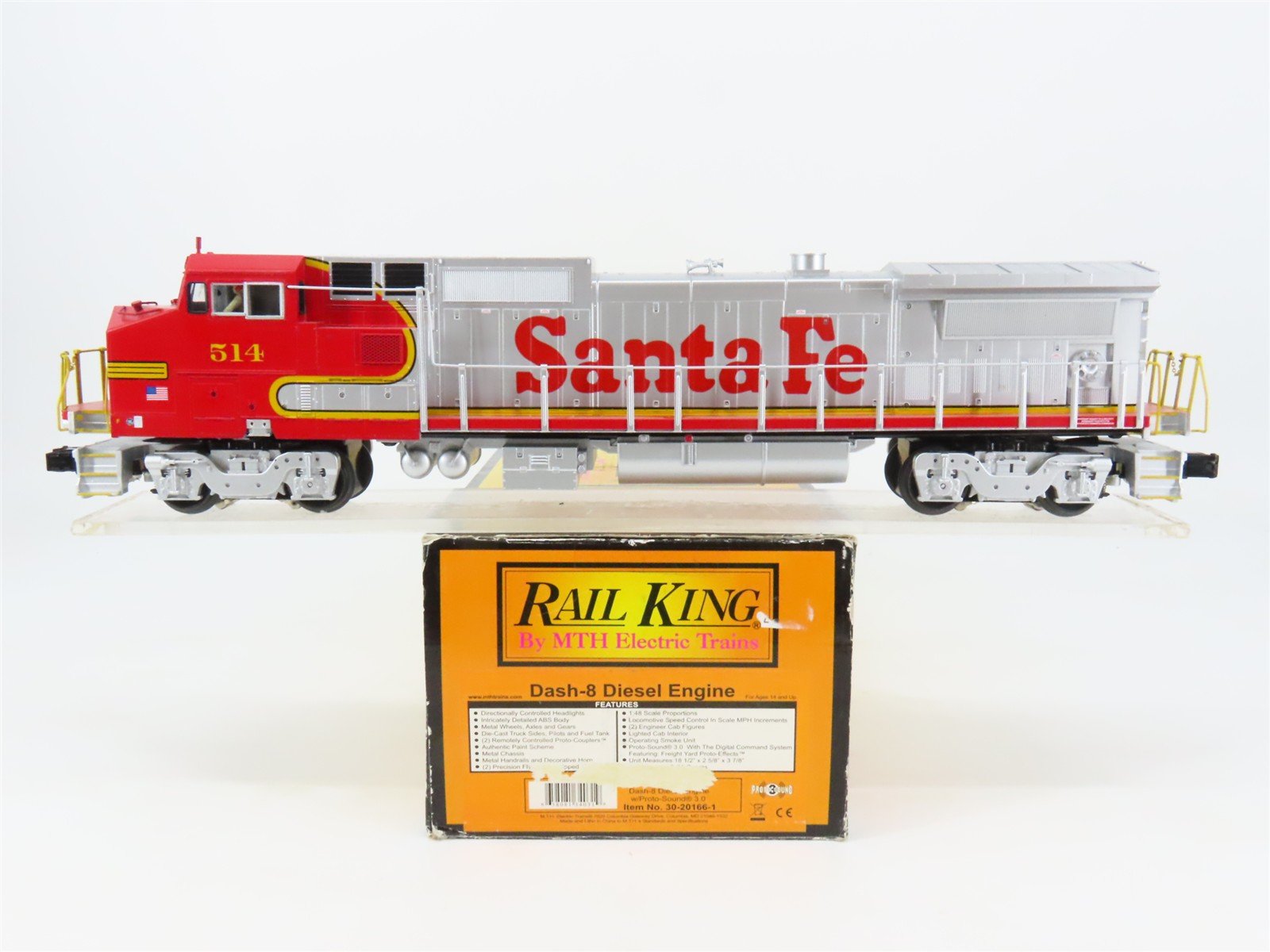 O 3-Rail MTH RailKing 30-20166-1 ATSF Warbonnet Dash-8 Diesel #514 - ProtoSound3