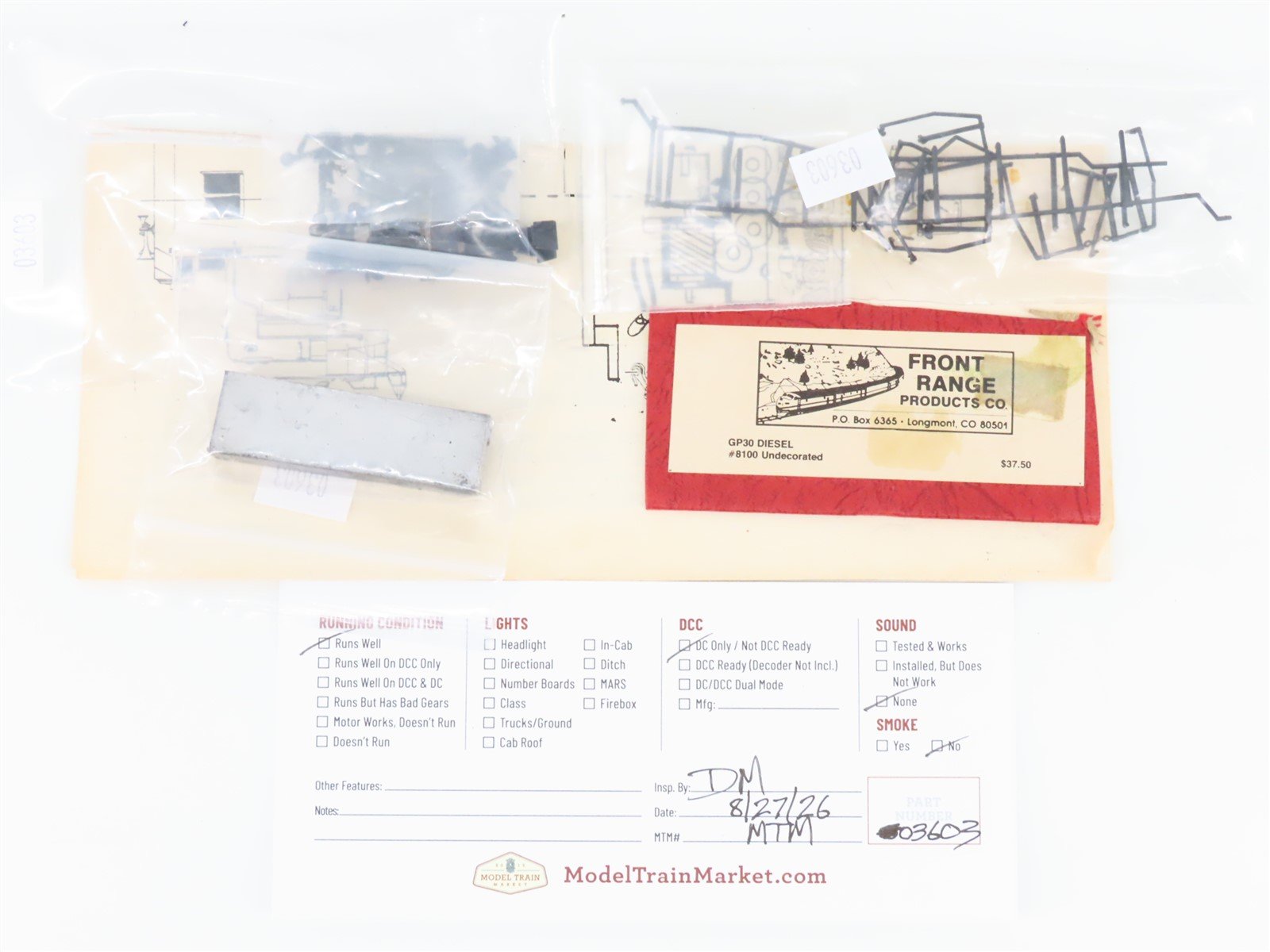 HO Scale Front Range #8100 Undecorated EMD GP30 Diesel Locomotive