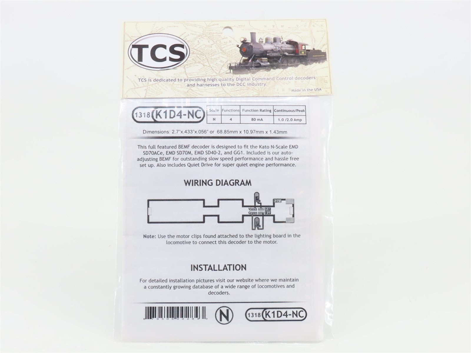 TCS 1318 K1D4-NC 4-Function Drop-in DCC Mobile Decoder for KATO N Scale