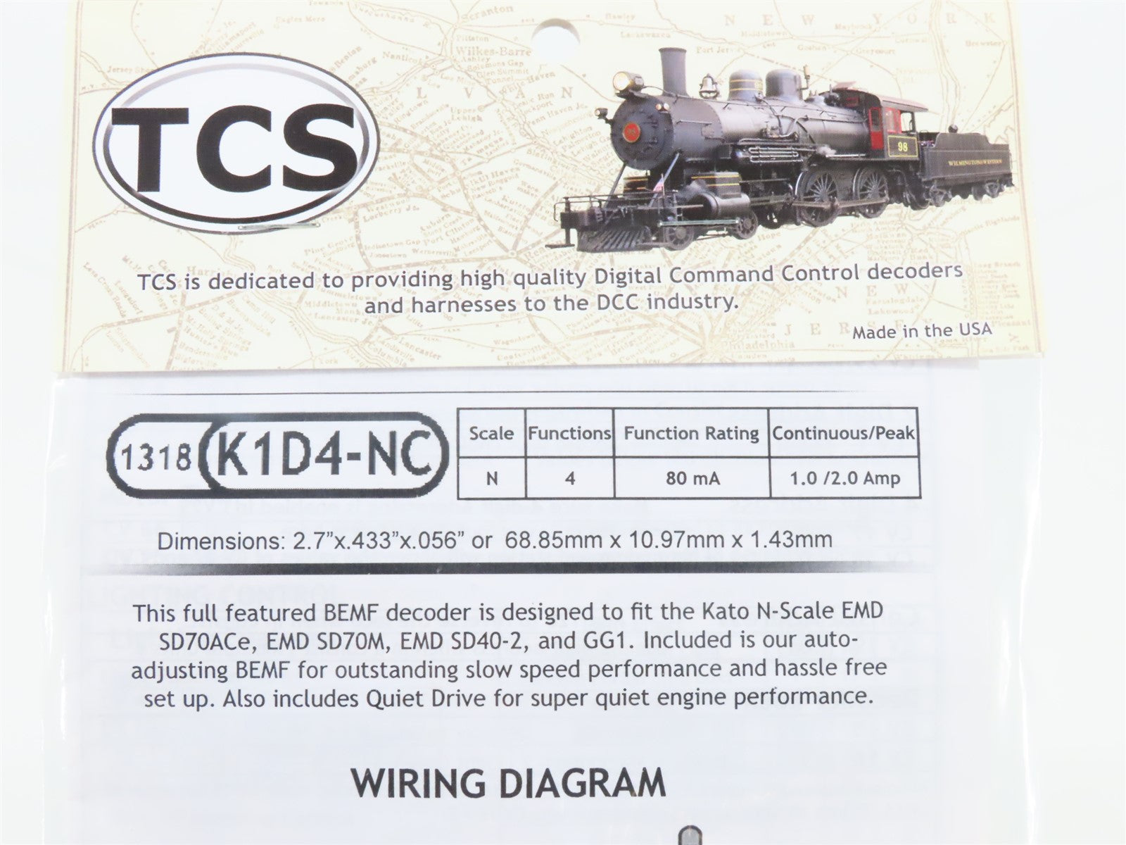 TCS 1318 K1D4-NC 4-Function Drop-in DCC Mobile Decoder for KATO N Scale