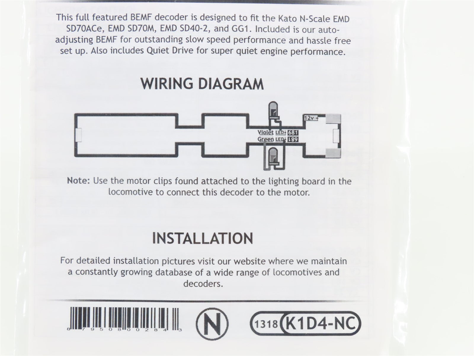TCS 1318 K1D4-NC 4-Function Drop-in DCC Mobile Decoder for KATO N Scale
