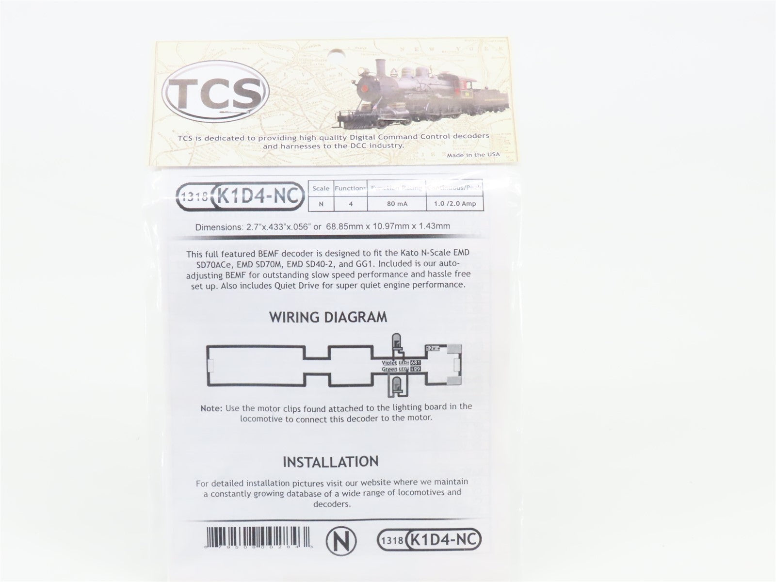 TCS 1318 K1D4-NC 4-Function Drop-in DCC Mobile Decoder for KATO N Scale