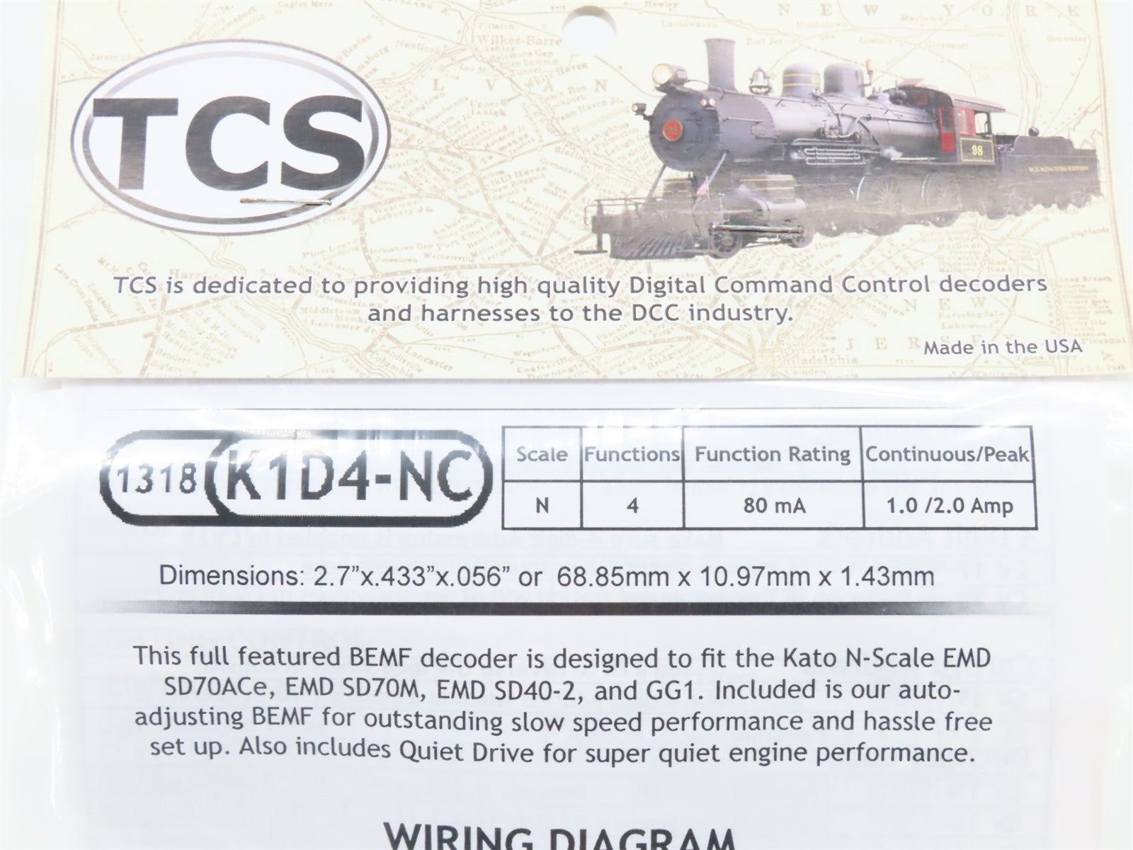 TCS 1318 K1D4-NC 4-Function Drop-in DCC Mobile Decoder for KATO N Scale