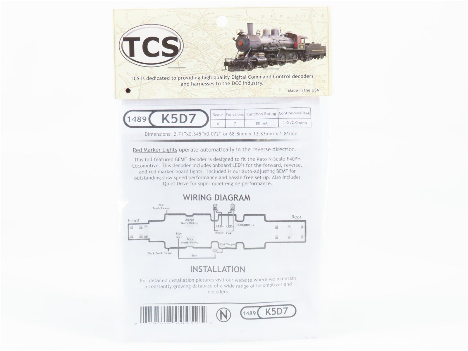 TCS 1489 K5D7 7-Function Drop-in DCC Mobile Decoder for KATO N Scale F40PH