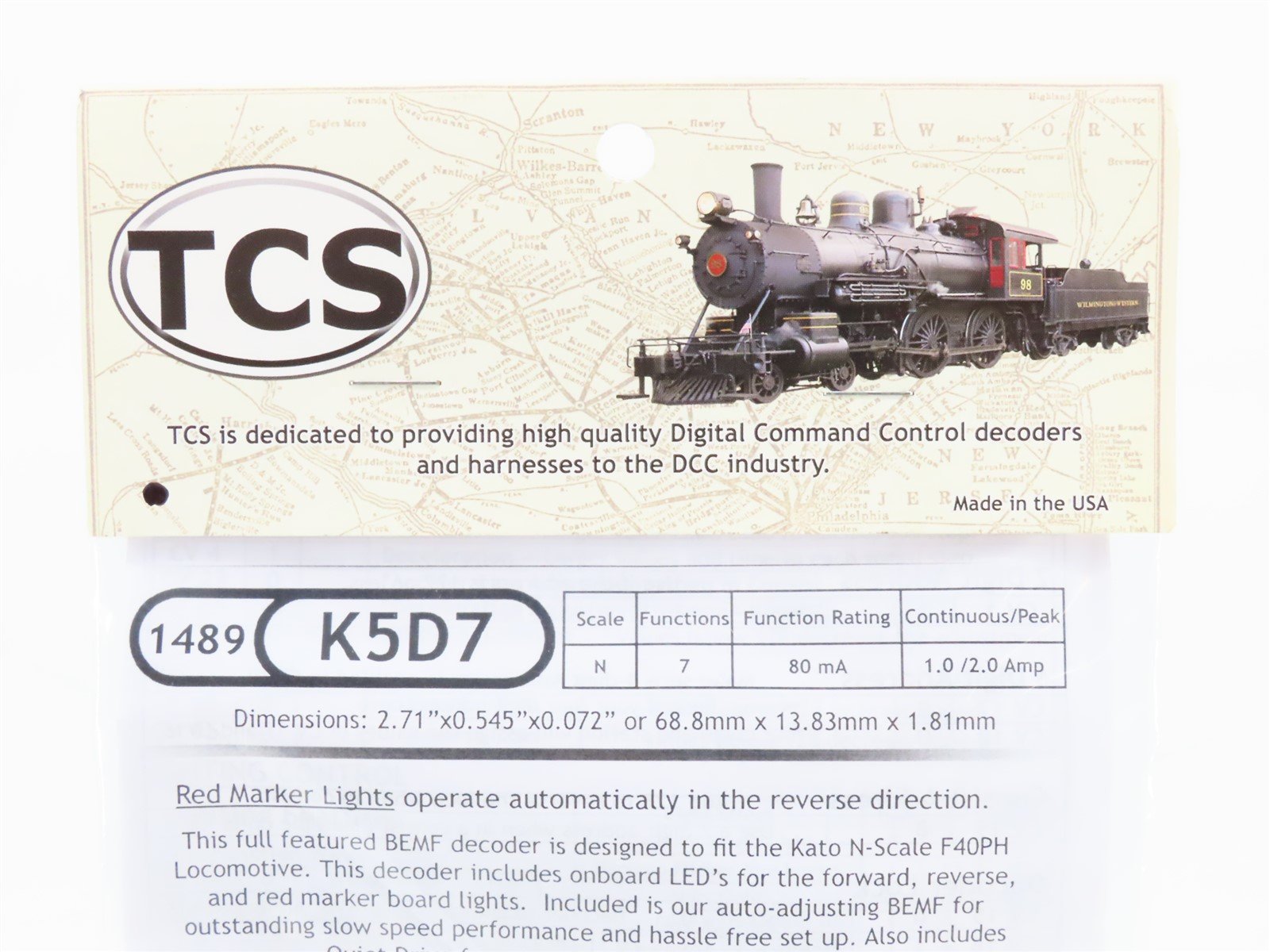 TCS 1489 K5D7 7-Function Drop-in DCC Mobile Decoder for KATO N Scale F40PH
