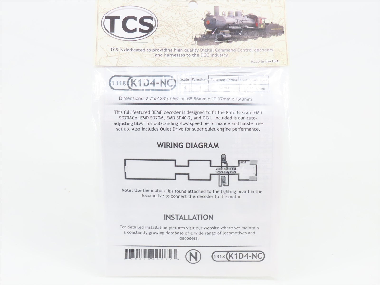 TCS 1318 K1D4-NC 4-Function Drop-in DCC Mobile Decoder for KATO N Scale
