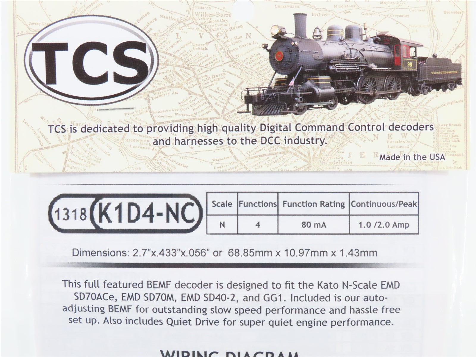 TCS 1318 K1D4-NC 4-Function Drop-in DCC Mobile Decoder for KATO N Scale
