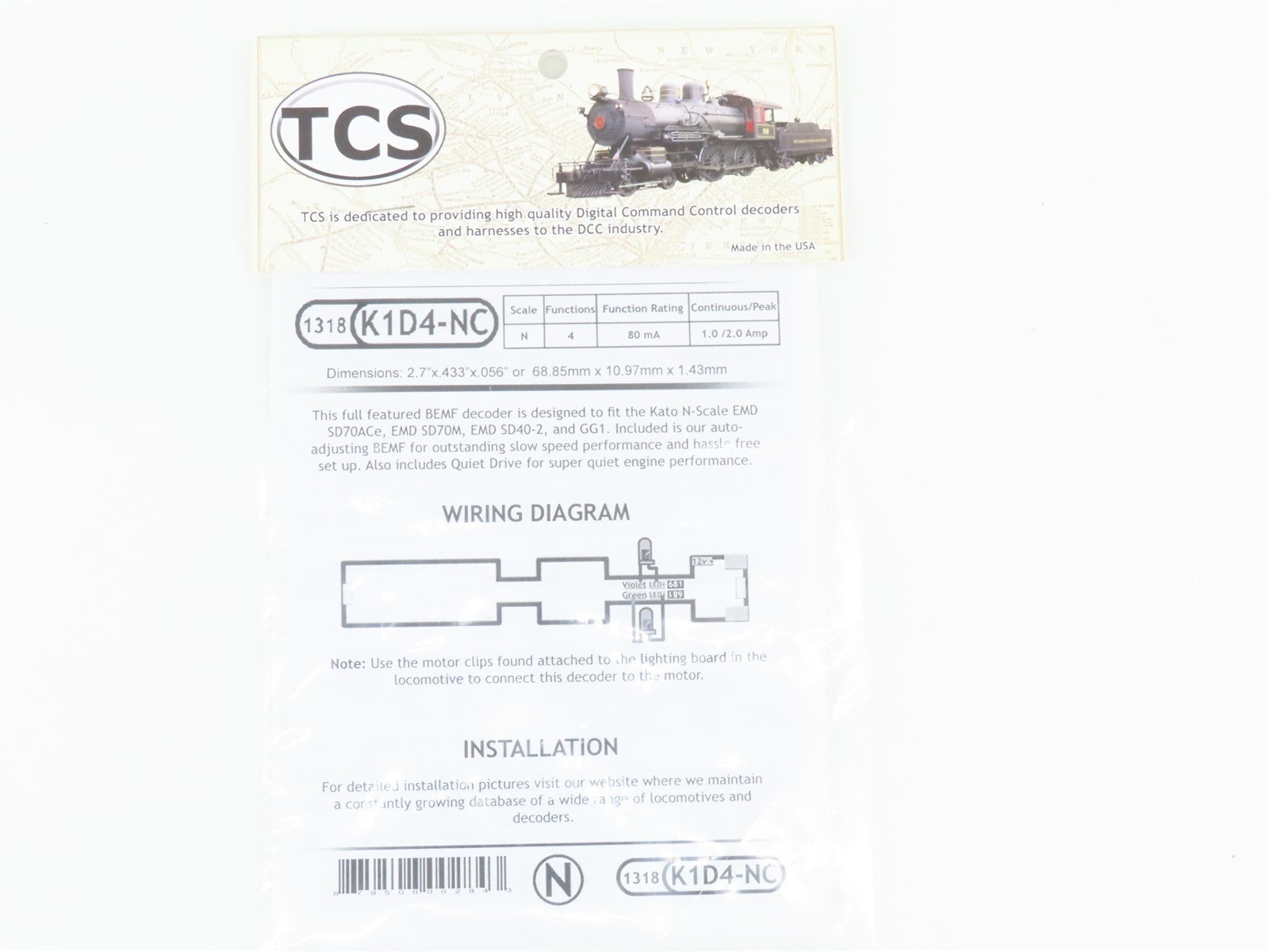 TCS 1318 K1D4-NC 4-Function Drop-in DCC Mobile Decoder for KATO N Scale