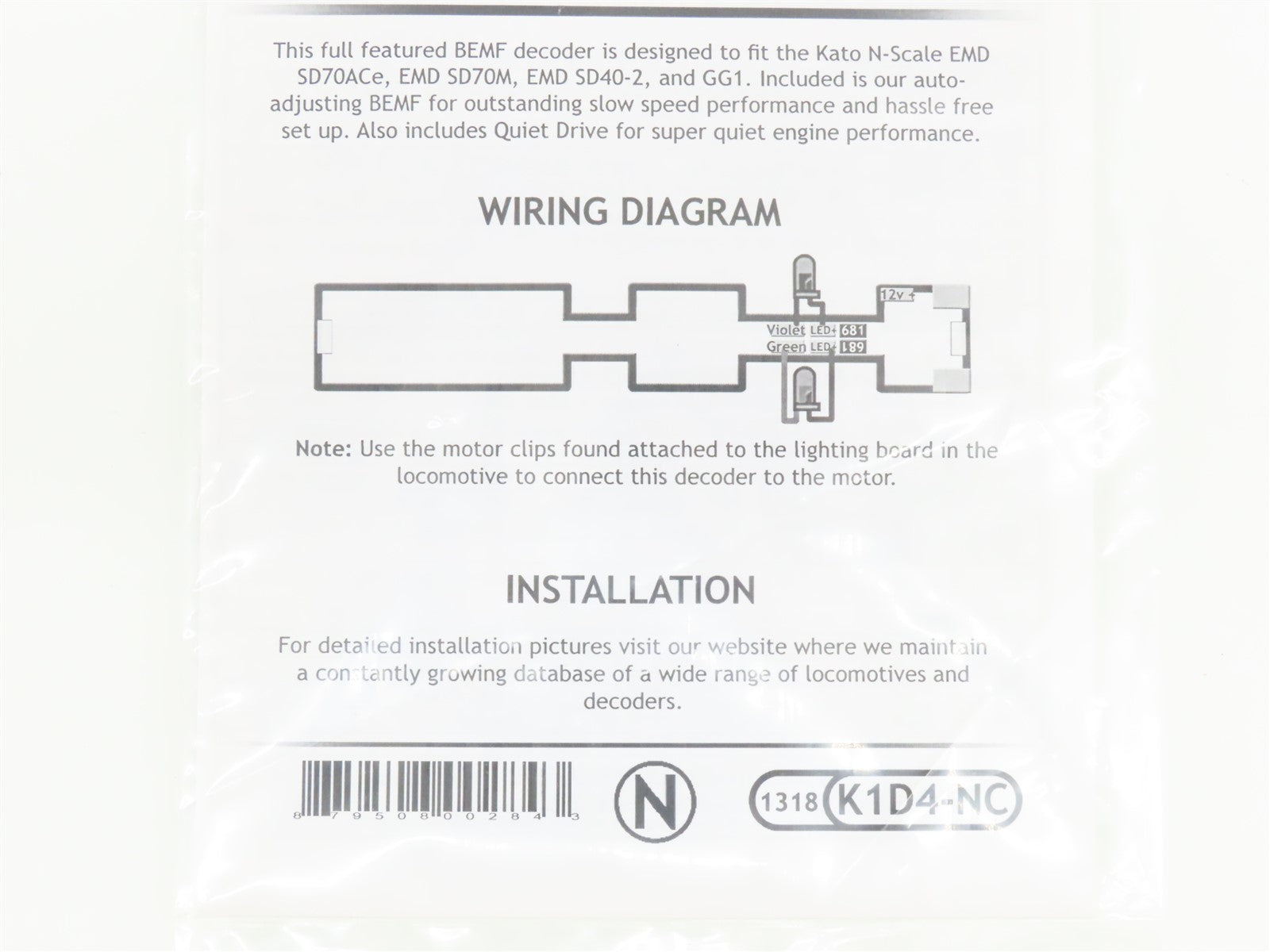 TCS 1318 K1D4-NC 4-Function Drop-in DCC Mobile Decoder for KATO N Scale