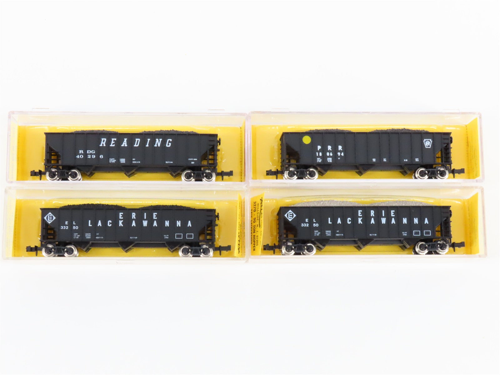 LOT of 4 N Scale Atlas PRR/EL/RDG 3-Bay Open Hopper Cars w/Coal Load