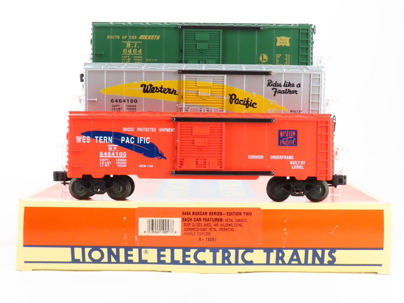 O Scale Lionel 6-19257 WP Western Pacific, Rock Island Box Car 3-Pack RTR