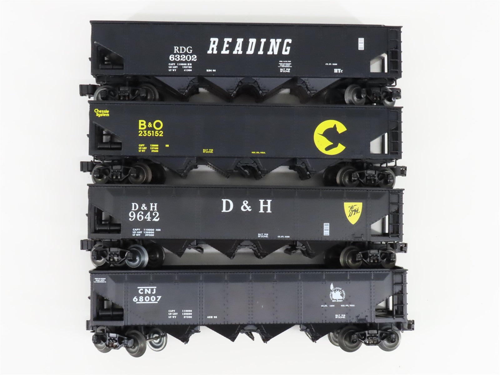 O Gauge 3-Rail Lionel 6-26937 CNJ/D&H/RDG/B&O Die-Cast 4-Bay Hopper 4-Car Pack