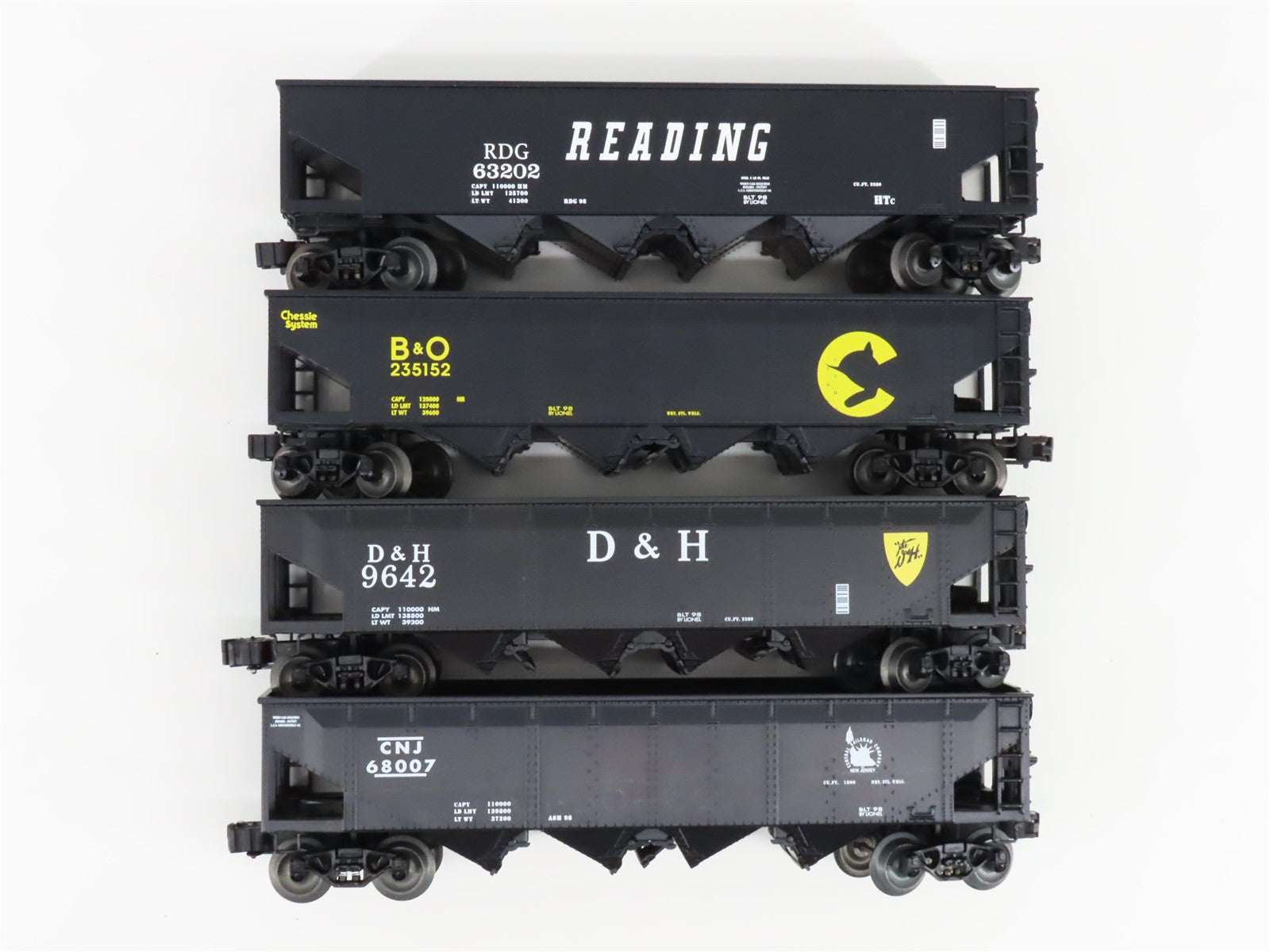 O Gauge 3-Rail Lionel 6-26937 CNJ/D&H/RDG/B&O Die-Cast 4-Bay Hopper 4-Car Pack