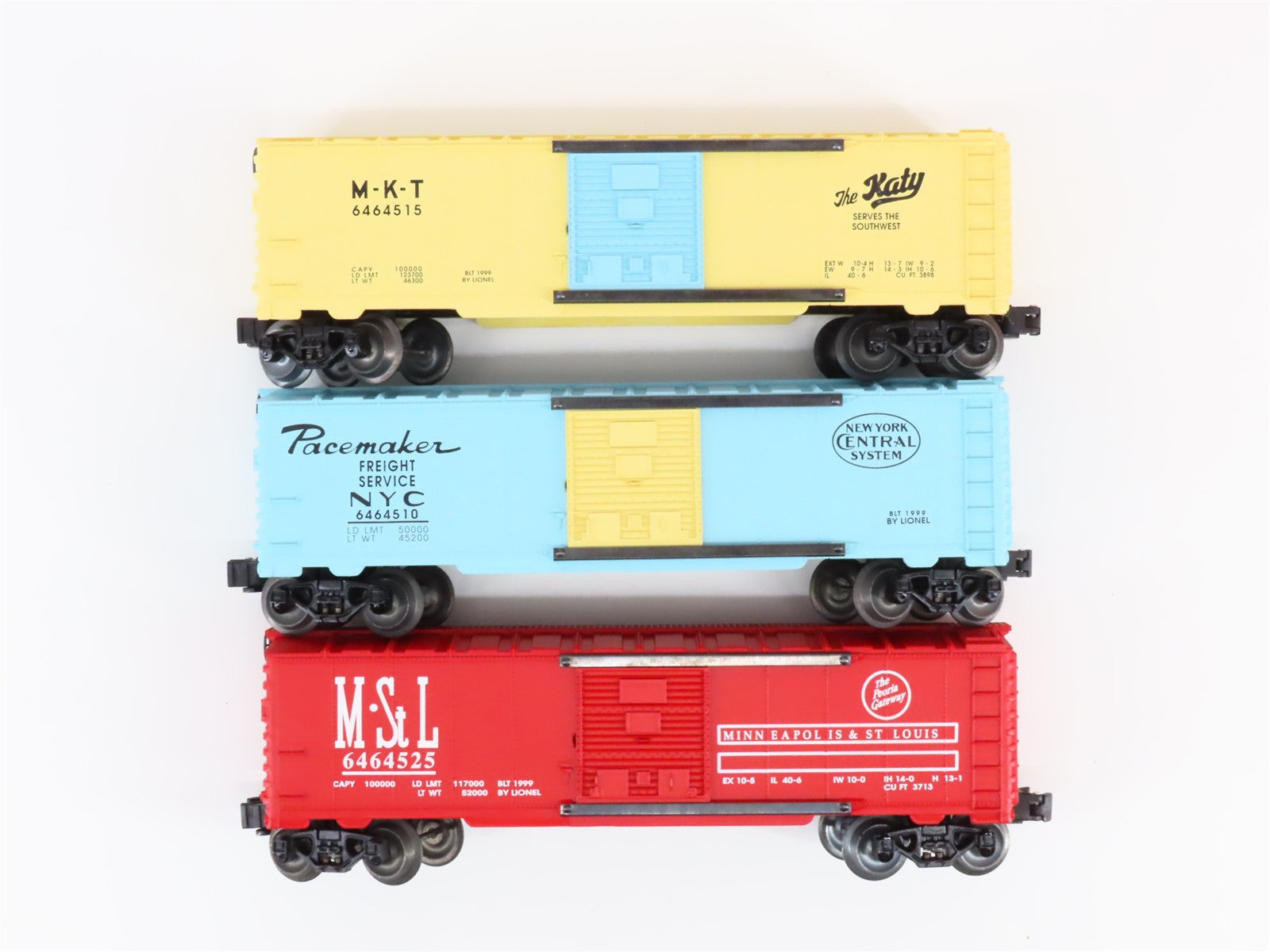 O Gauge 3-Rail Lionel 6-29267 MKT/NYC/M&StL 6464 Series VIII Boxcar 3-Pack