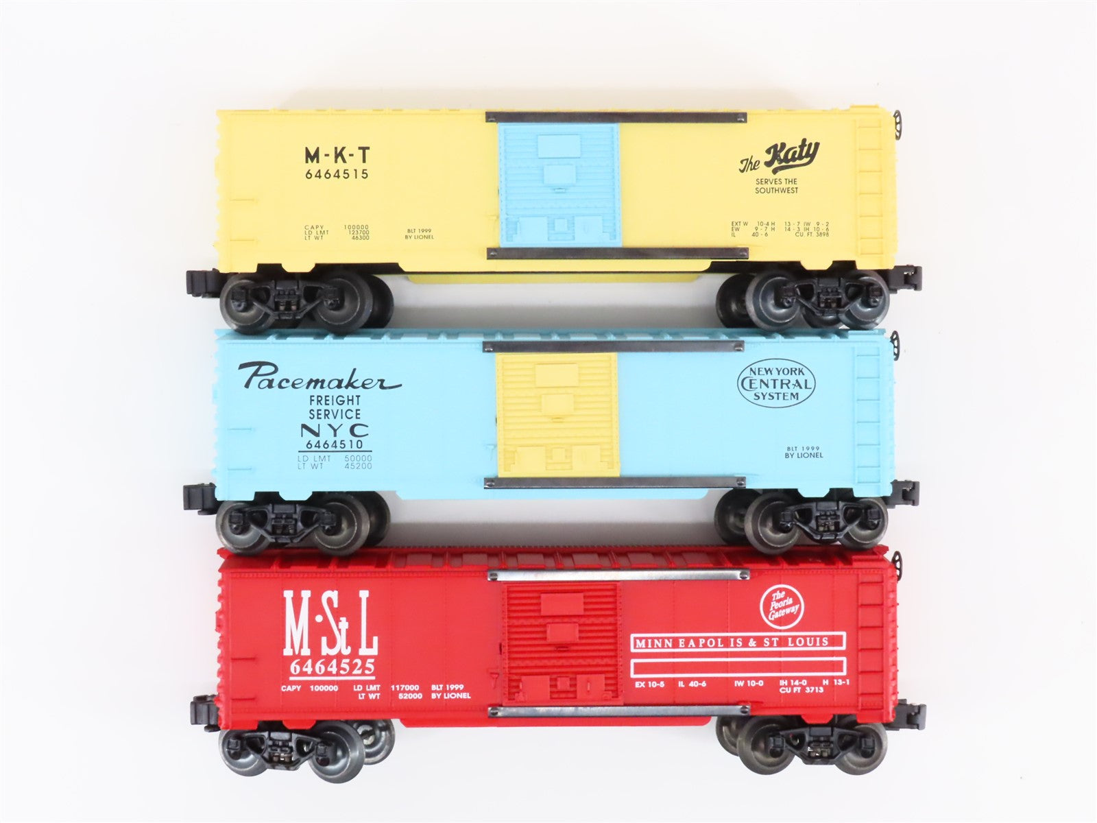 O Gauge 3-Rail Lionel 6-29267 MKT/NYC/M&StL 6464 Series VIII Boxcar 3-Pack