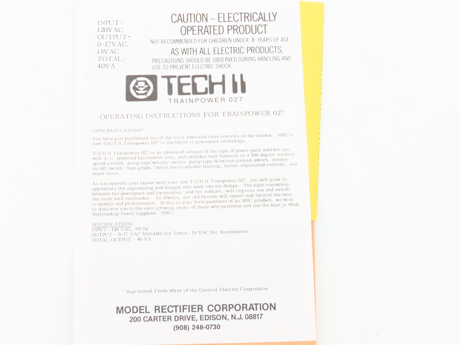 MRC AH100 Tech II Trainpower O27 Solid State AC Transformer/Controller
